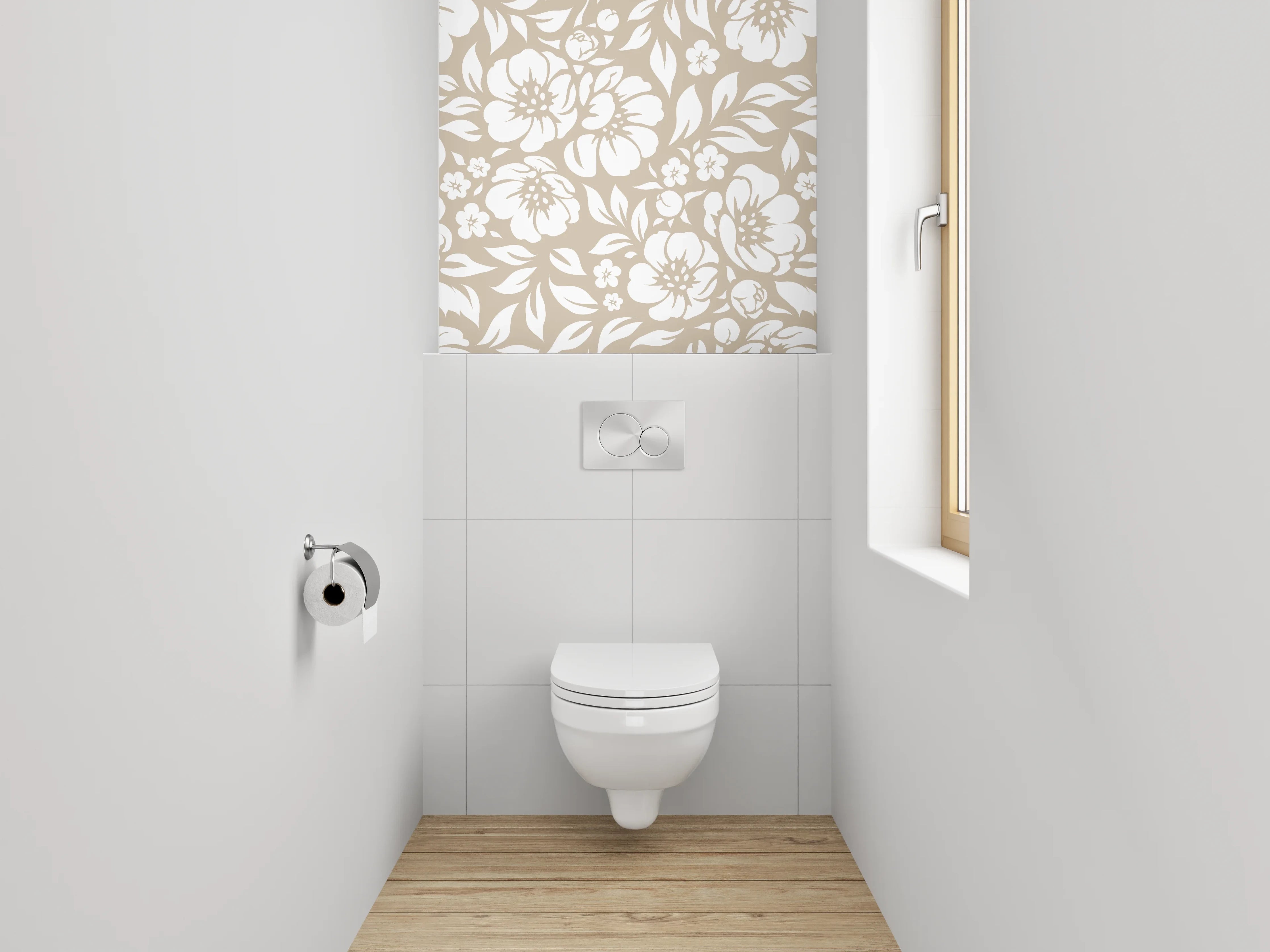 WC-Rückwand - Blumenmuster Beige Weiß Tapete