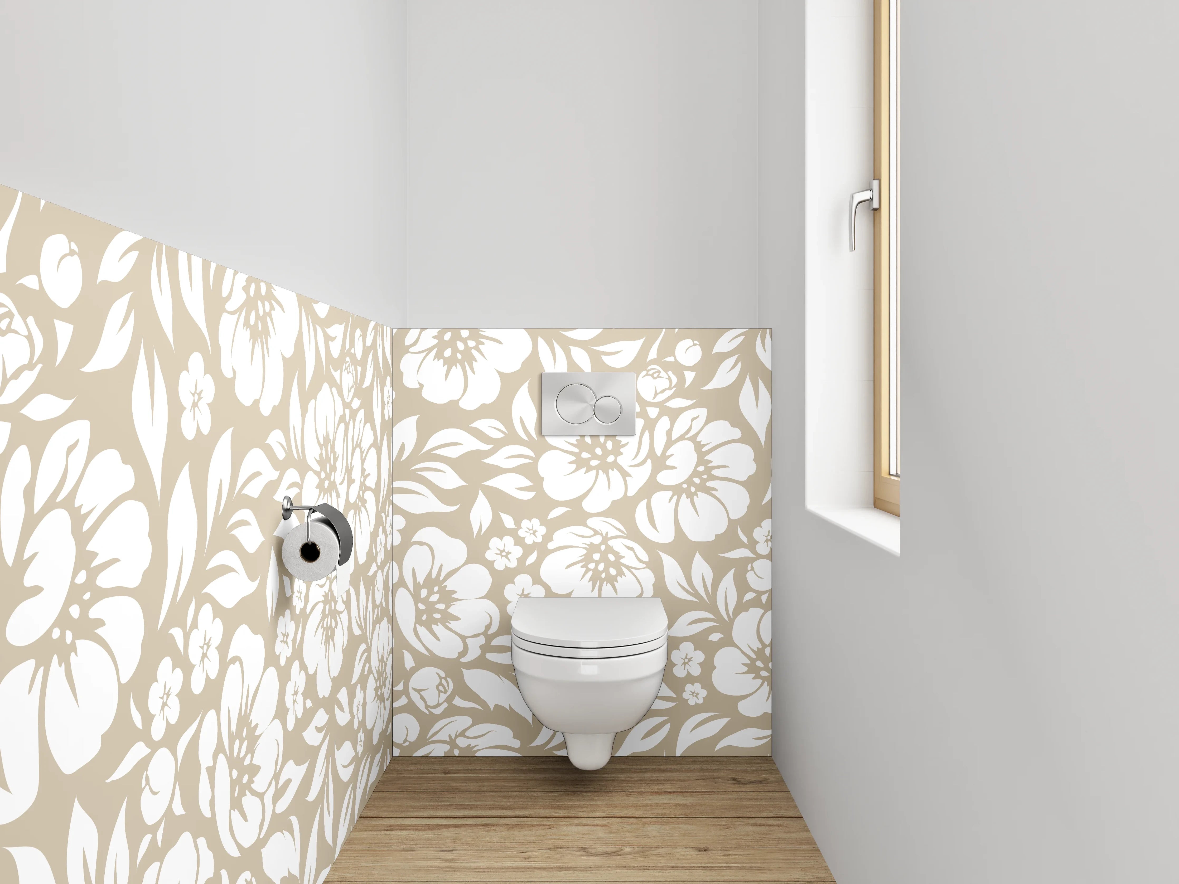 WC-Rückwand - Blumenmuster Beige Weiß Tapete