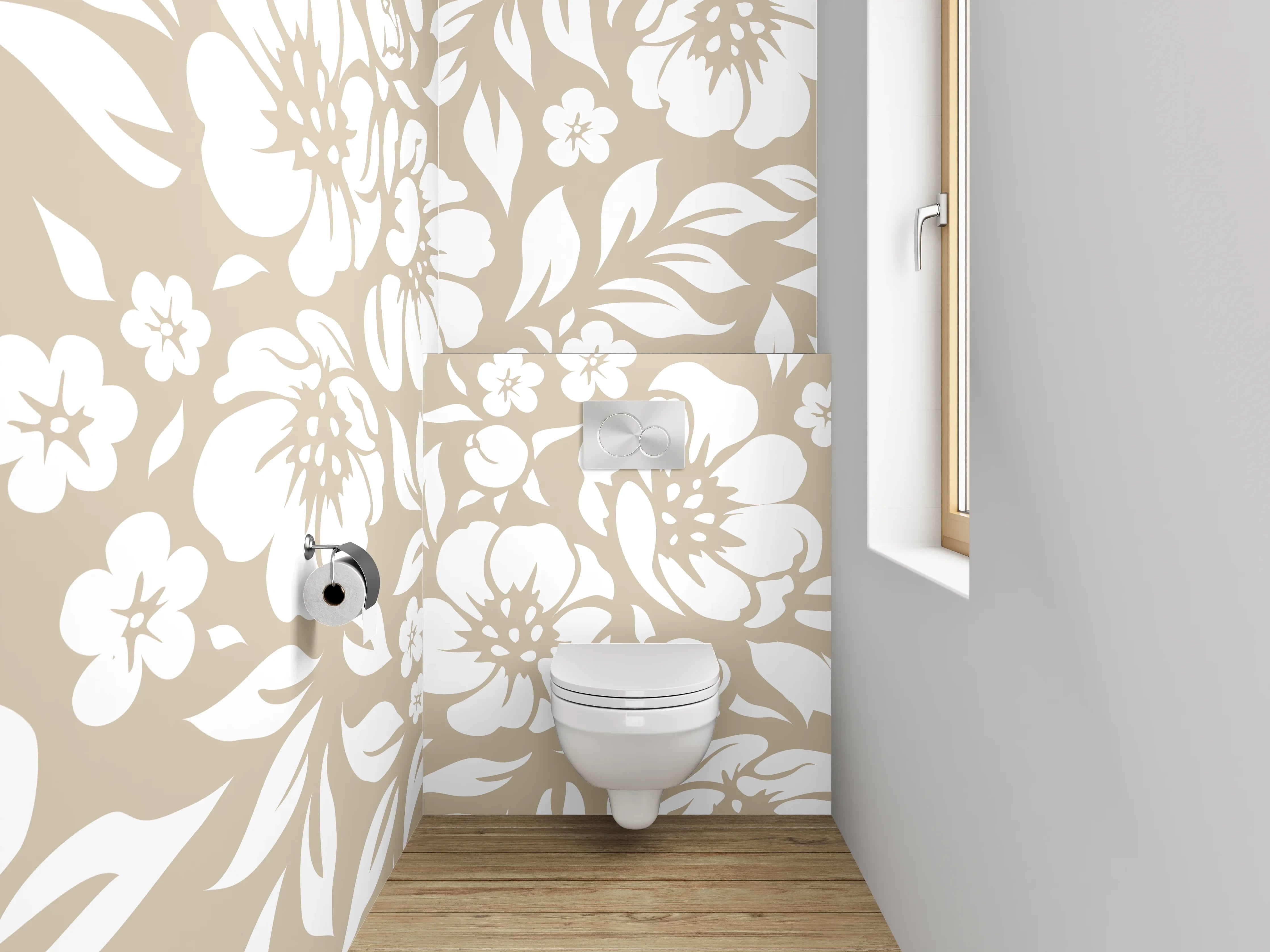 WC-Rückwand - Blumenmuster Beige Weiß Tapete