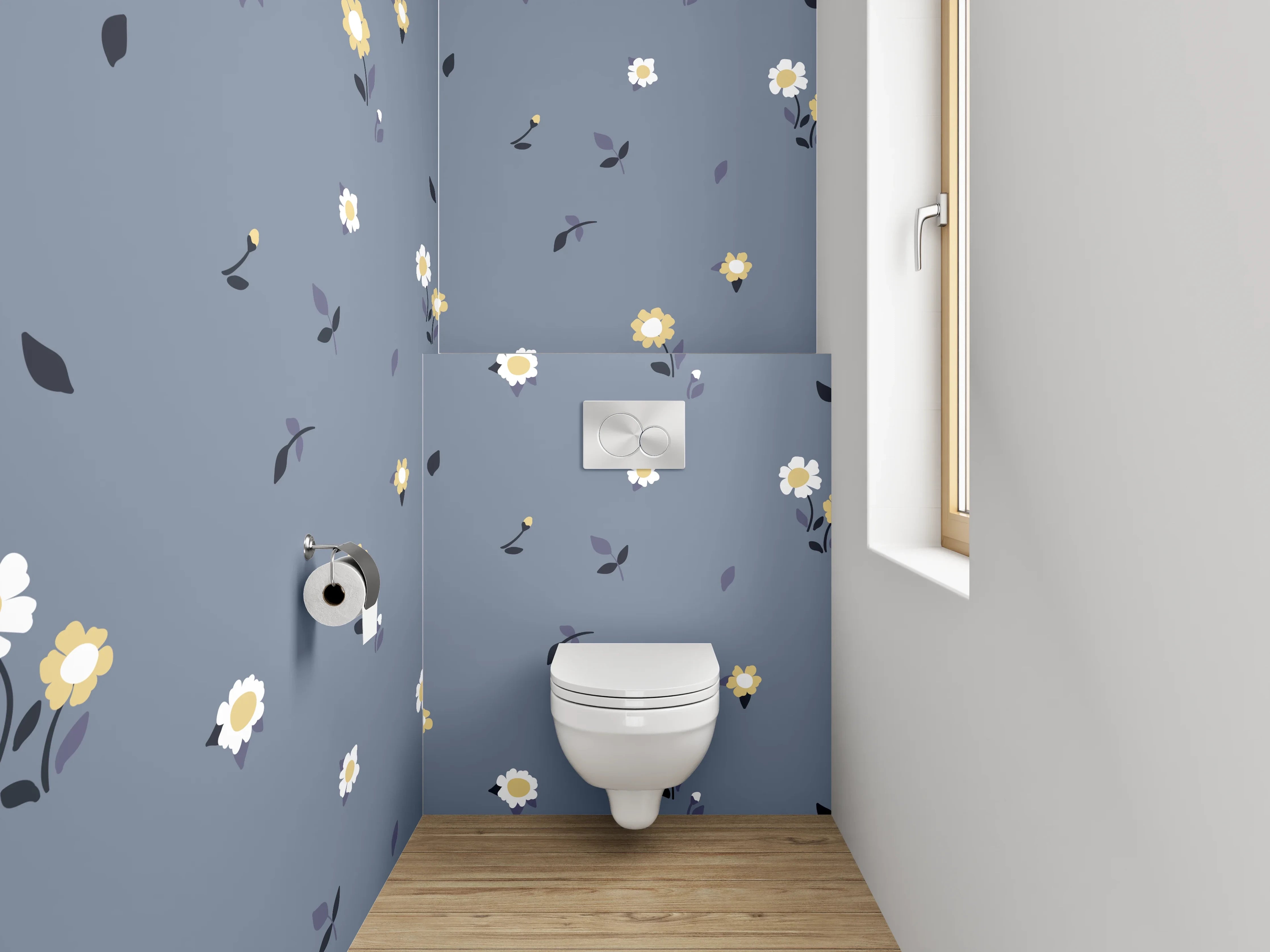 WC-Rückwand - Blumenmuster Grau Blau Modern