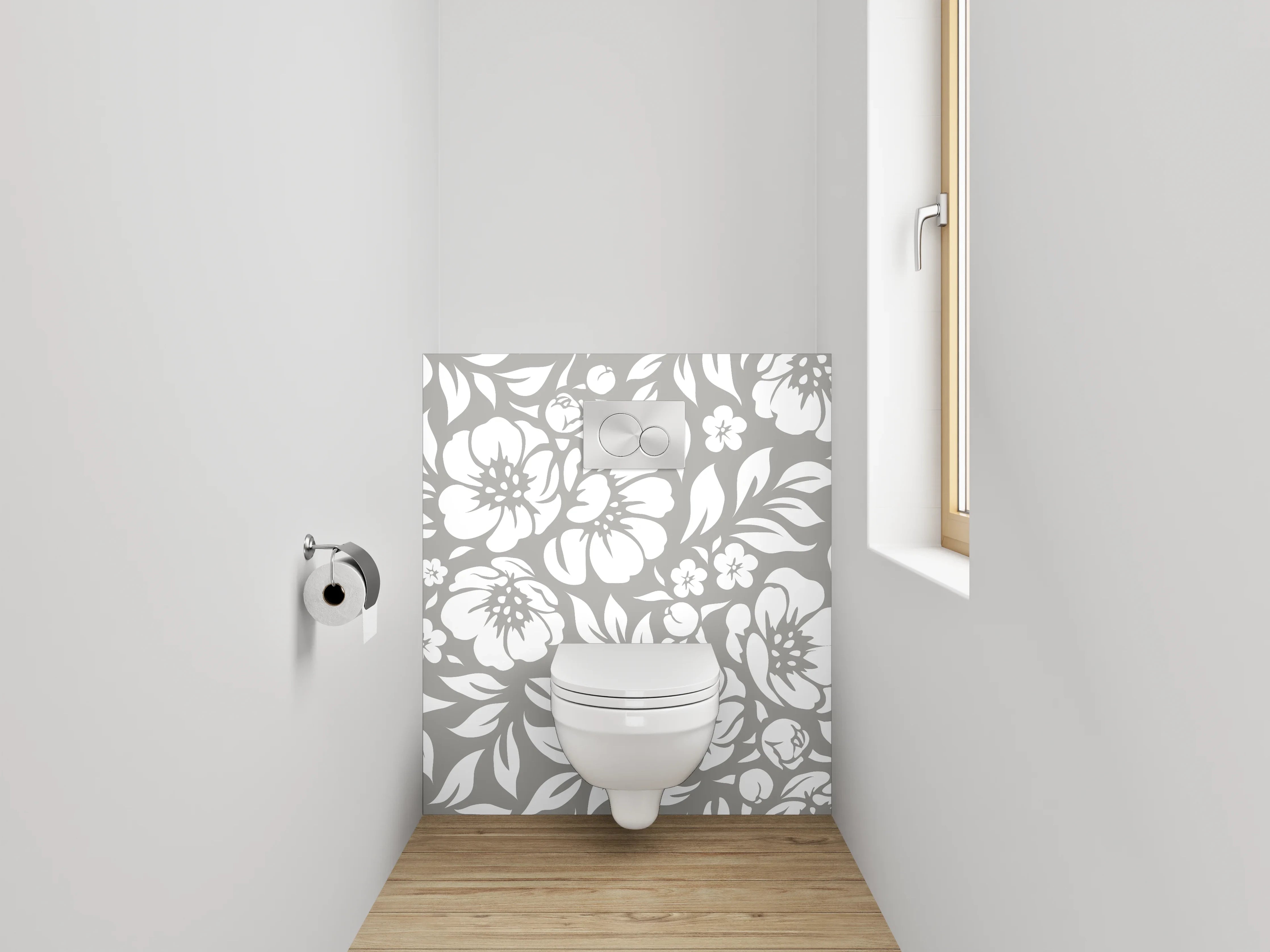 WC-Rückwand - Blumenmuster Grau-Weiß Tapete