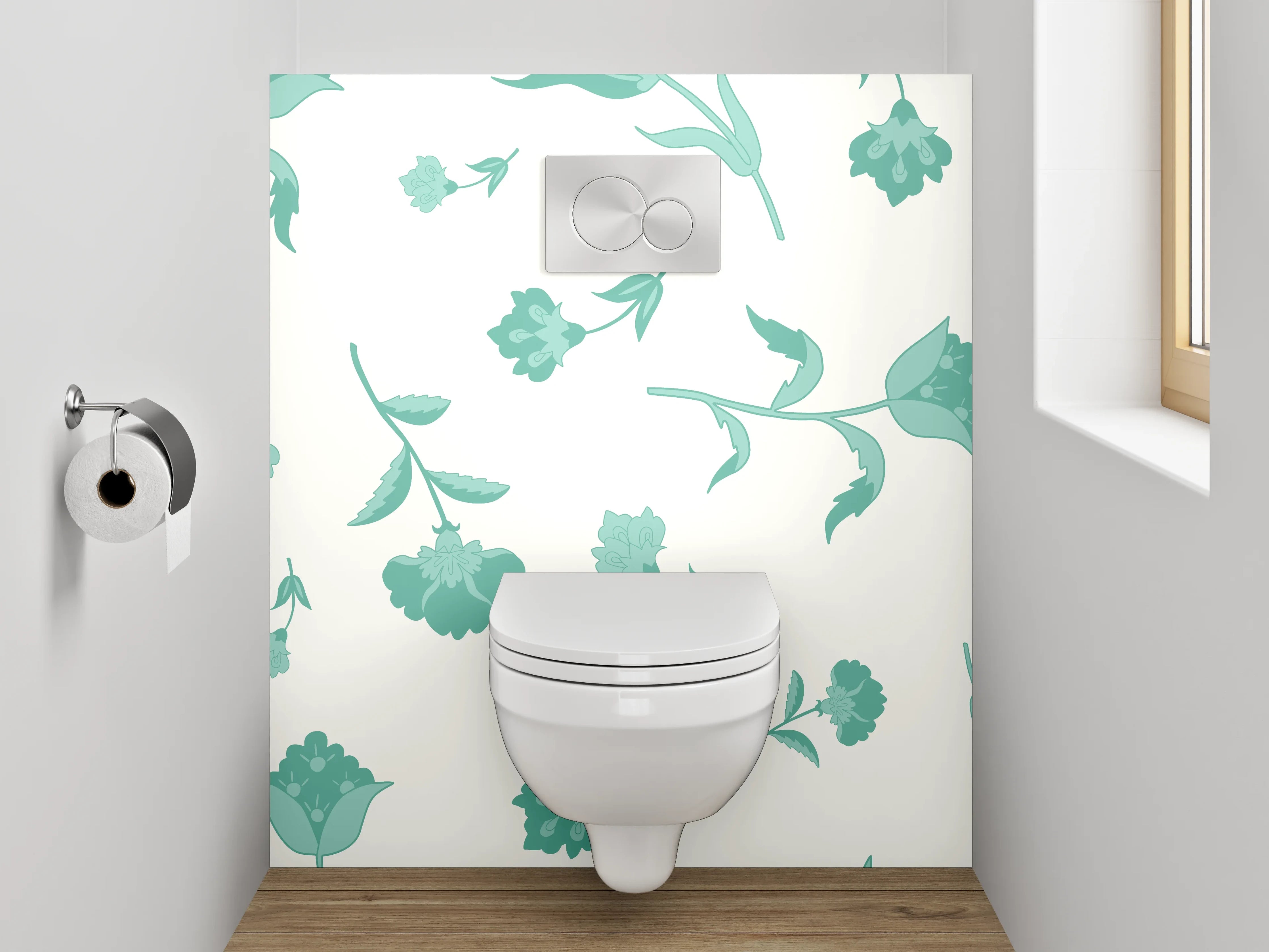 WC-Rückwand - Blumenmuster Mint auf Weiß