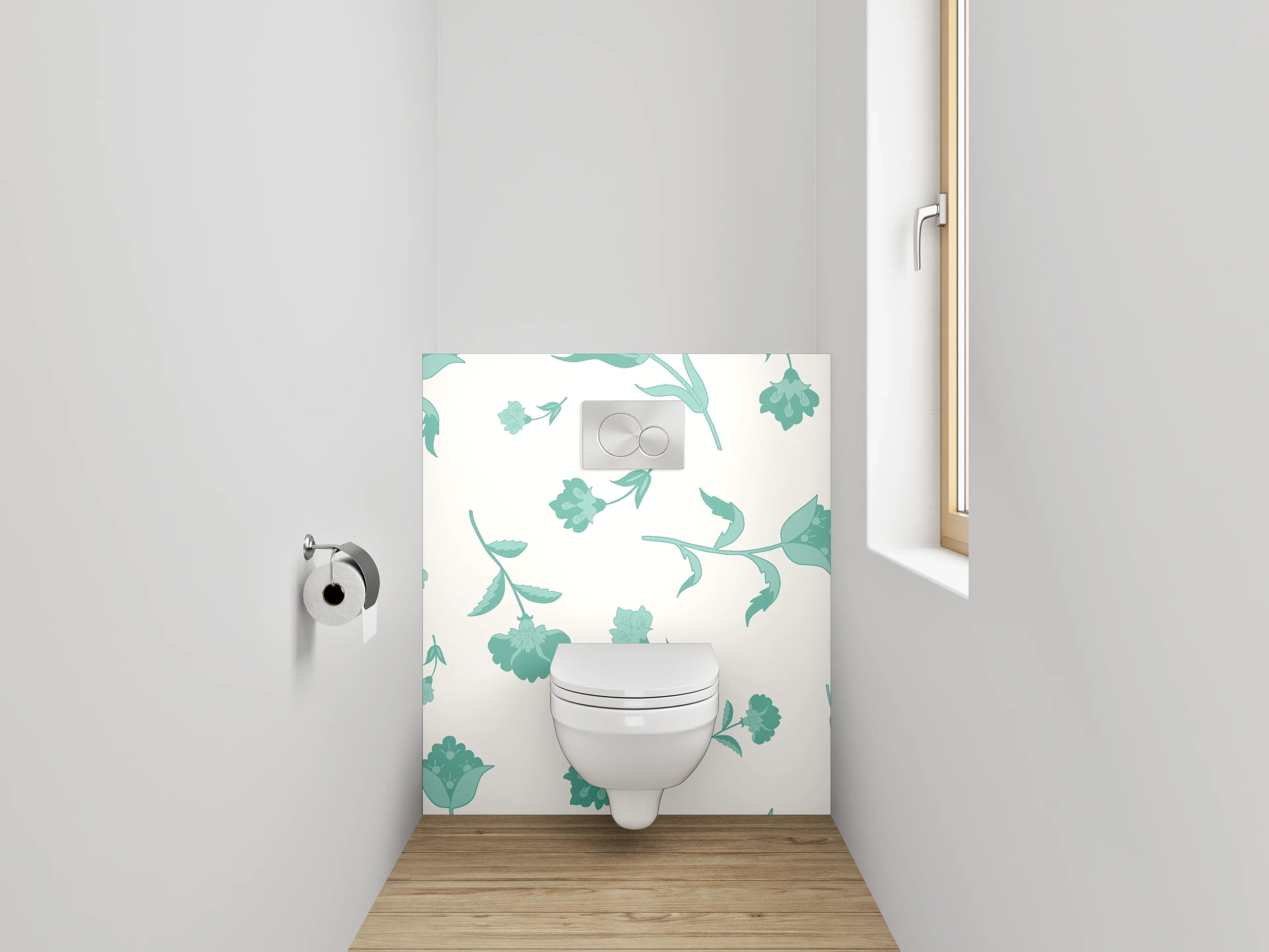 WC-Rückwand - Blumenmuster Mint auf Weiß