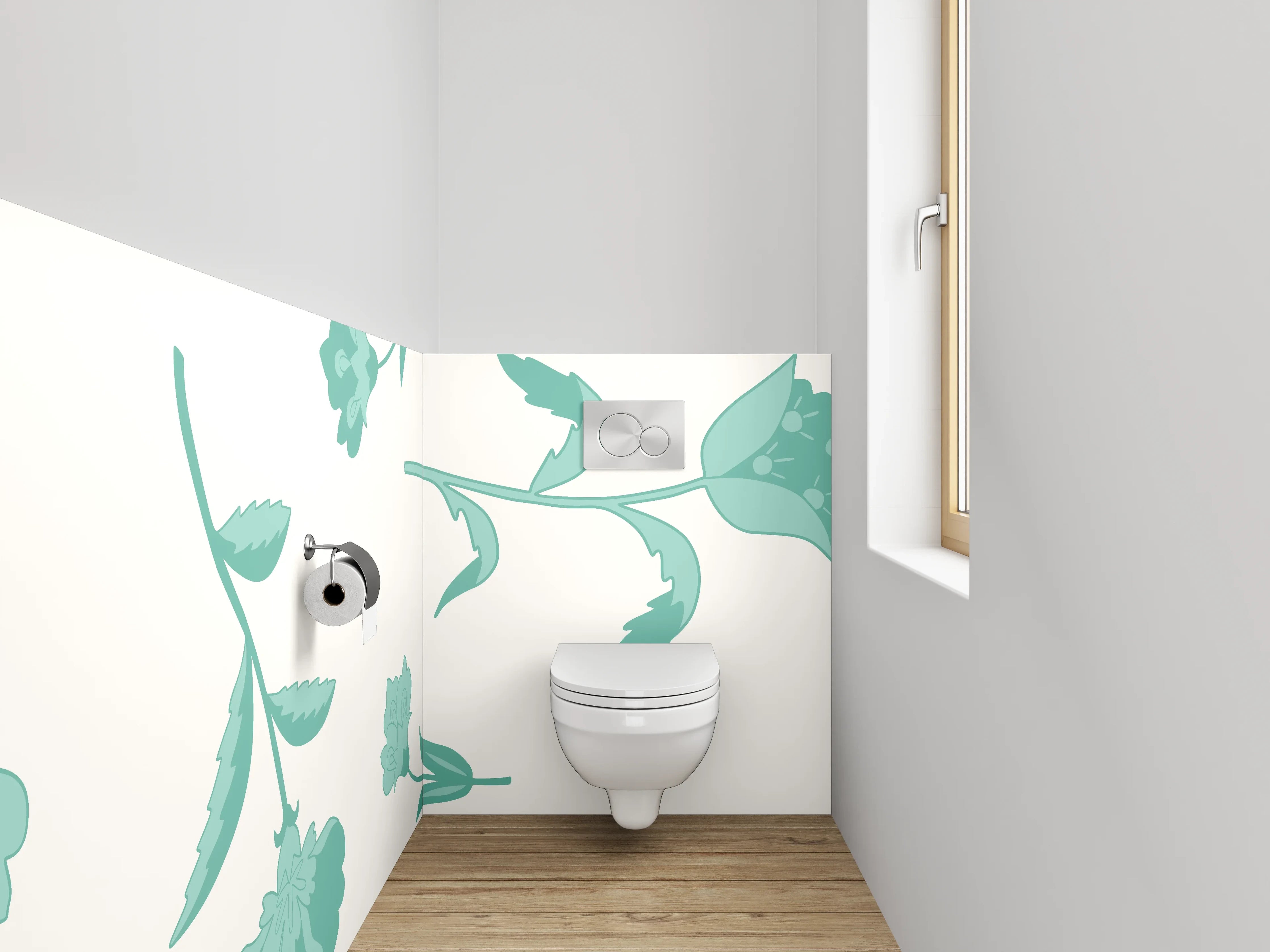 WC-Rückwand - Blumenmuster Mint auf Weiß