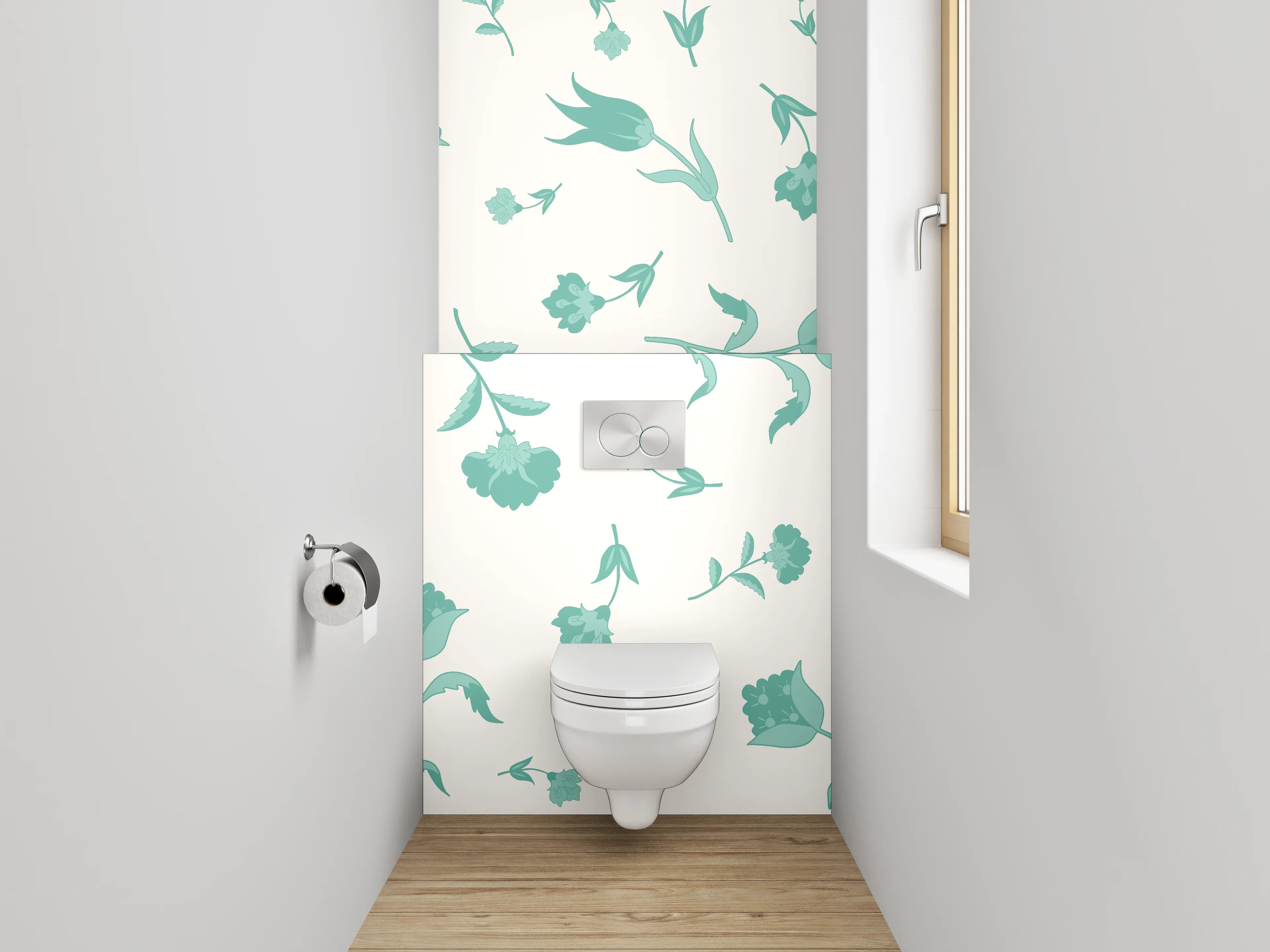 WC-Rückwand - Blumenmuster Mint auf Weiß