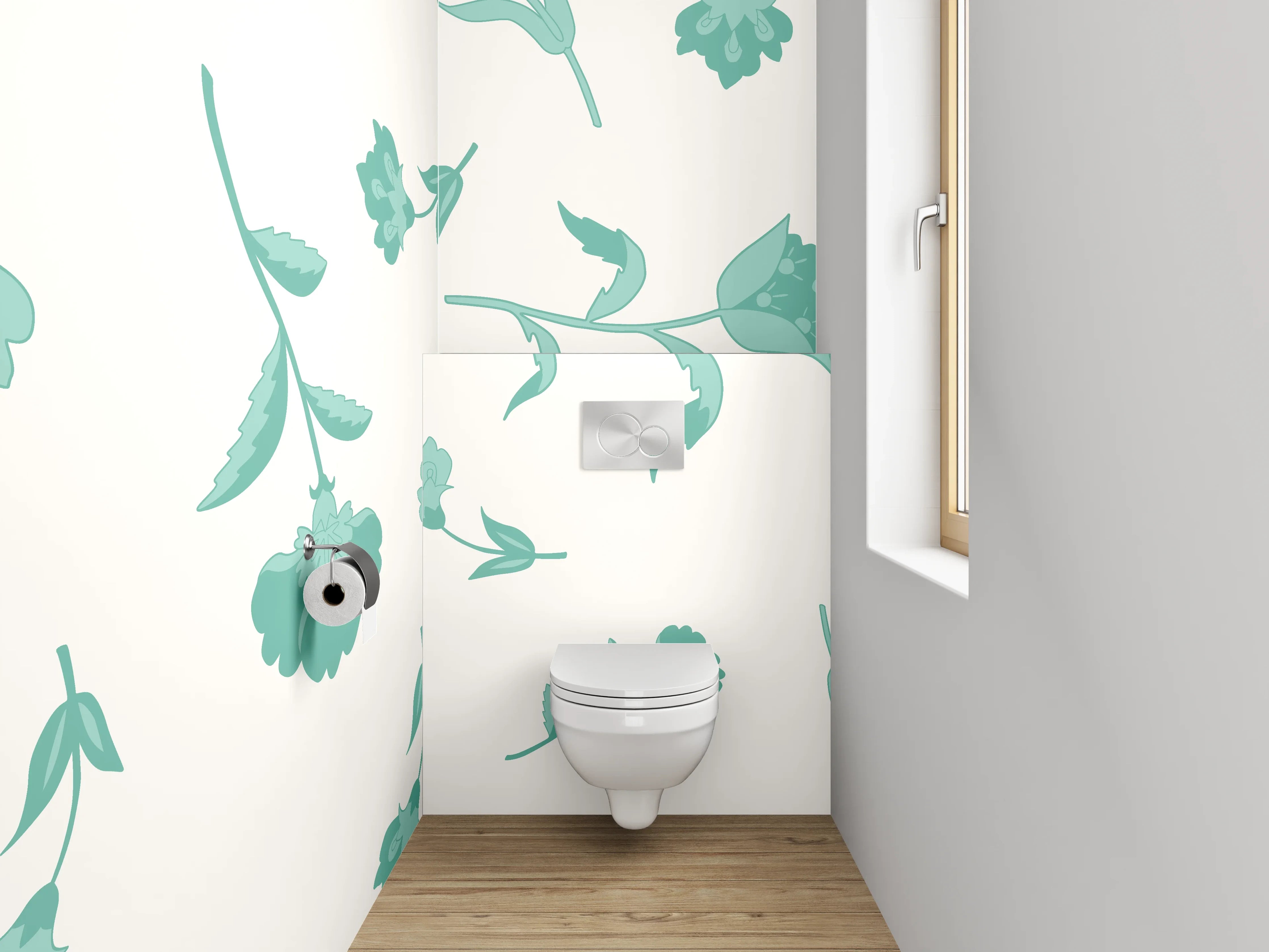 WC-Rückwand - Blumenmuster Mint auf Weiß