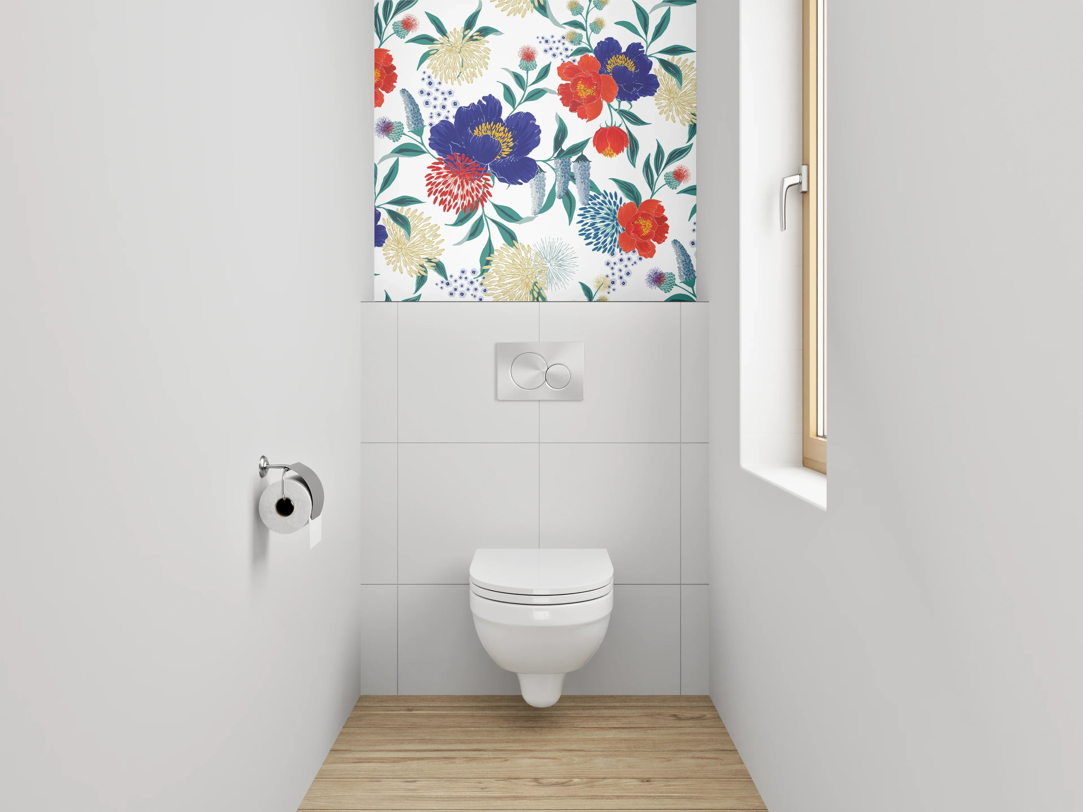 WC-Rückwand - Blumenmuster Rot Blau Modern