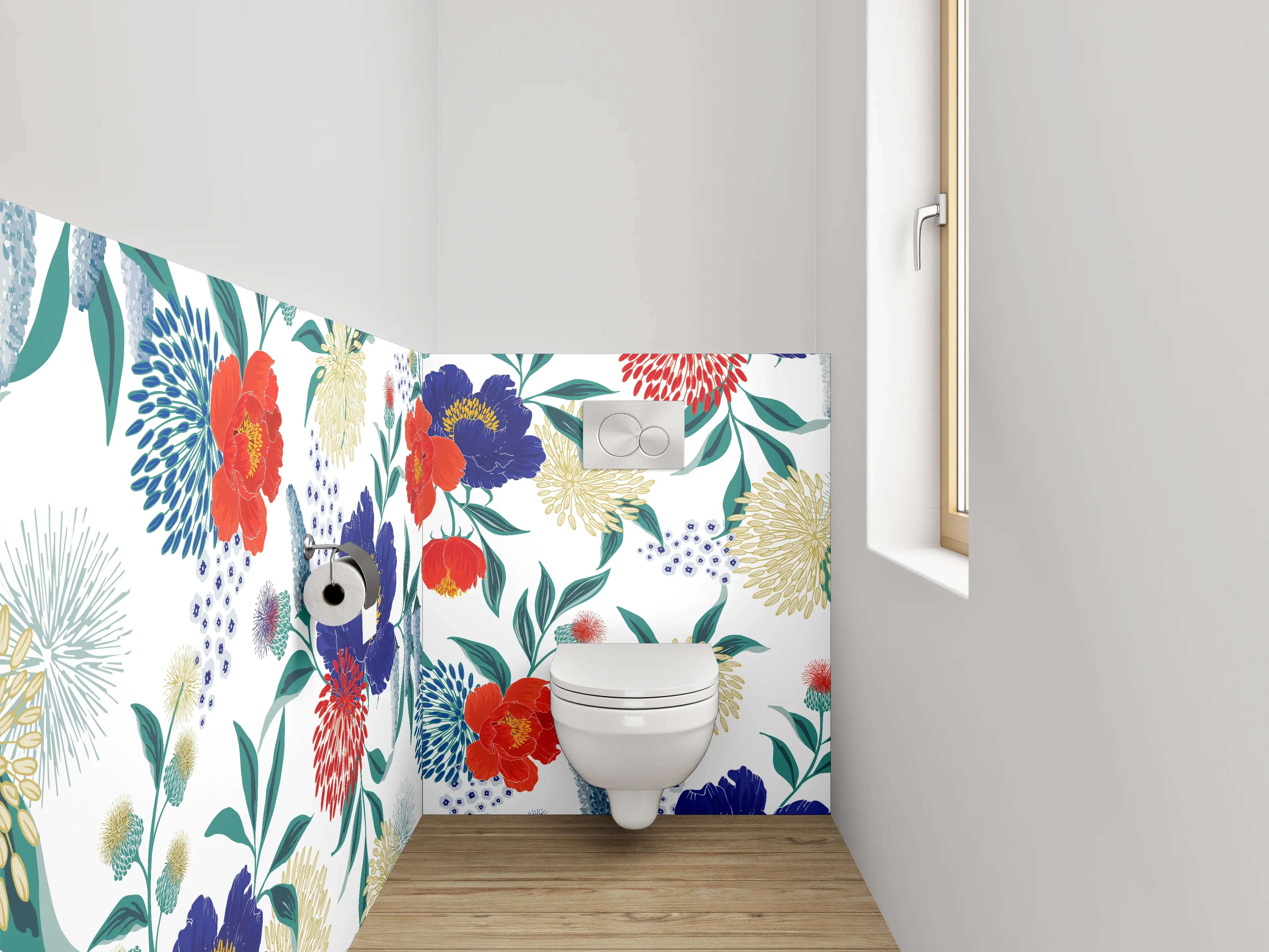 WC-Rückwand - Blumenmuster Rot Blau Modern