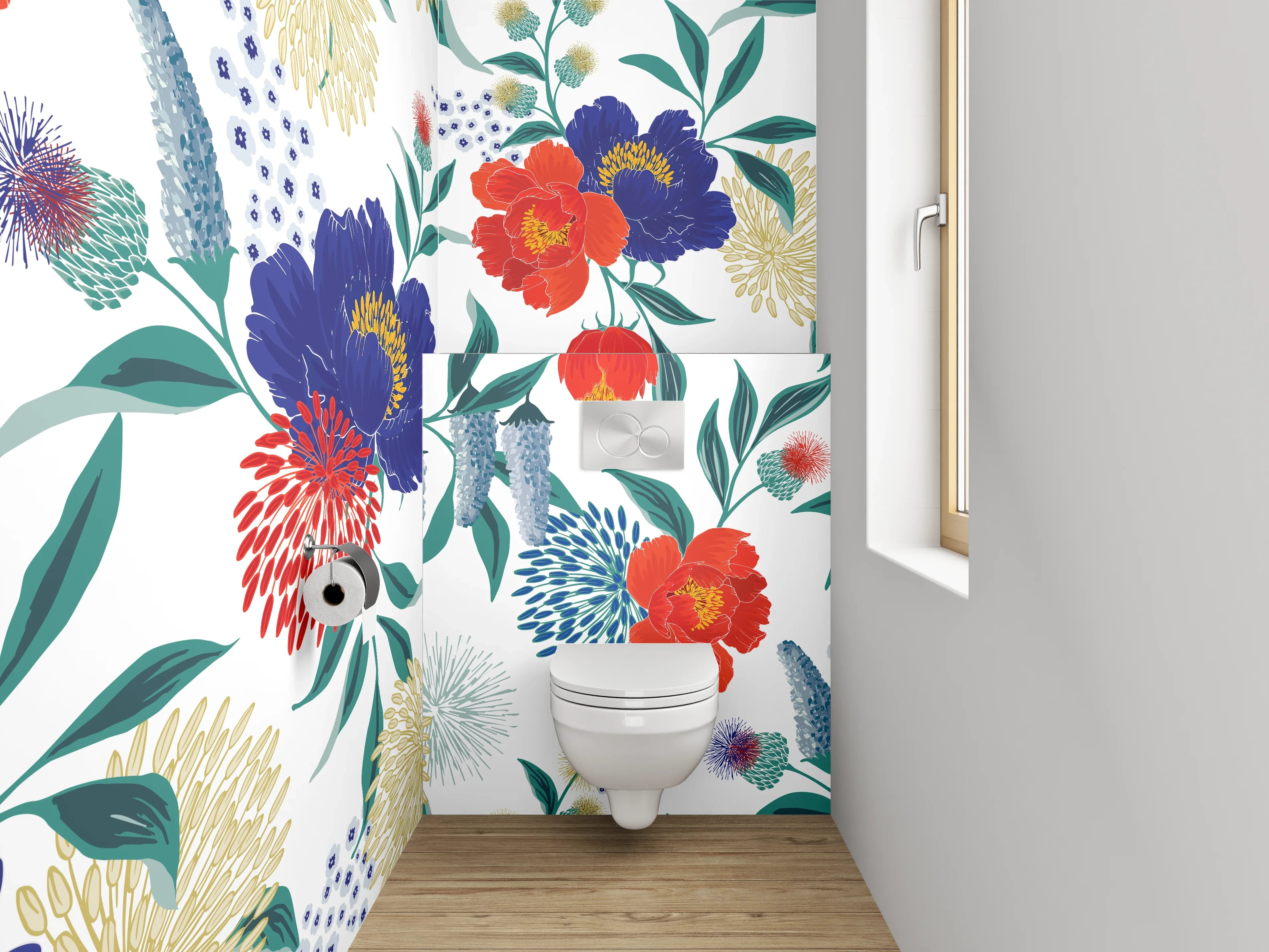 WC-Rückwand - Blumenmuster Rot Blau Modern
