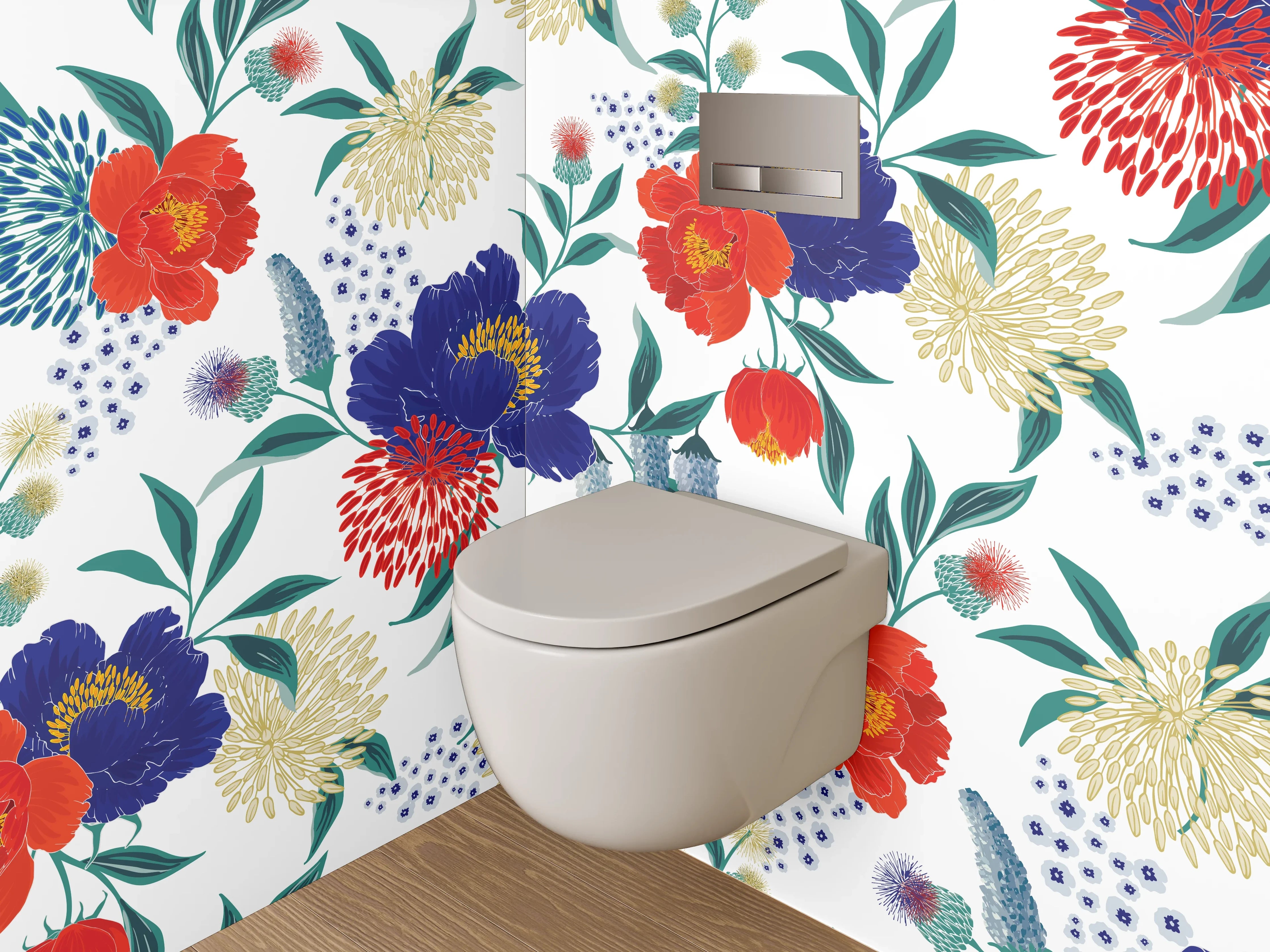 WC-Rückwand - Blumenmuster Rot Blau Modern