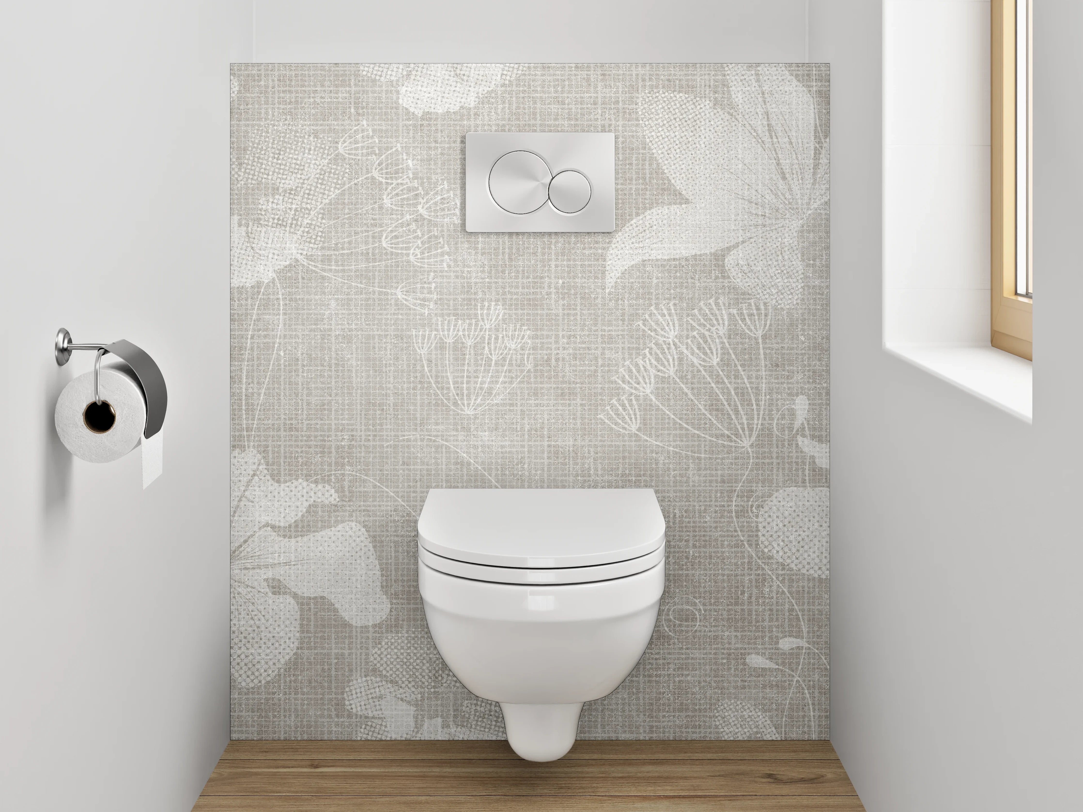 WC-Rückwand - Blumenmuster auf Leinenoptik – Grau Weiß