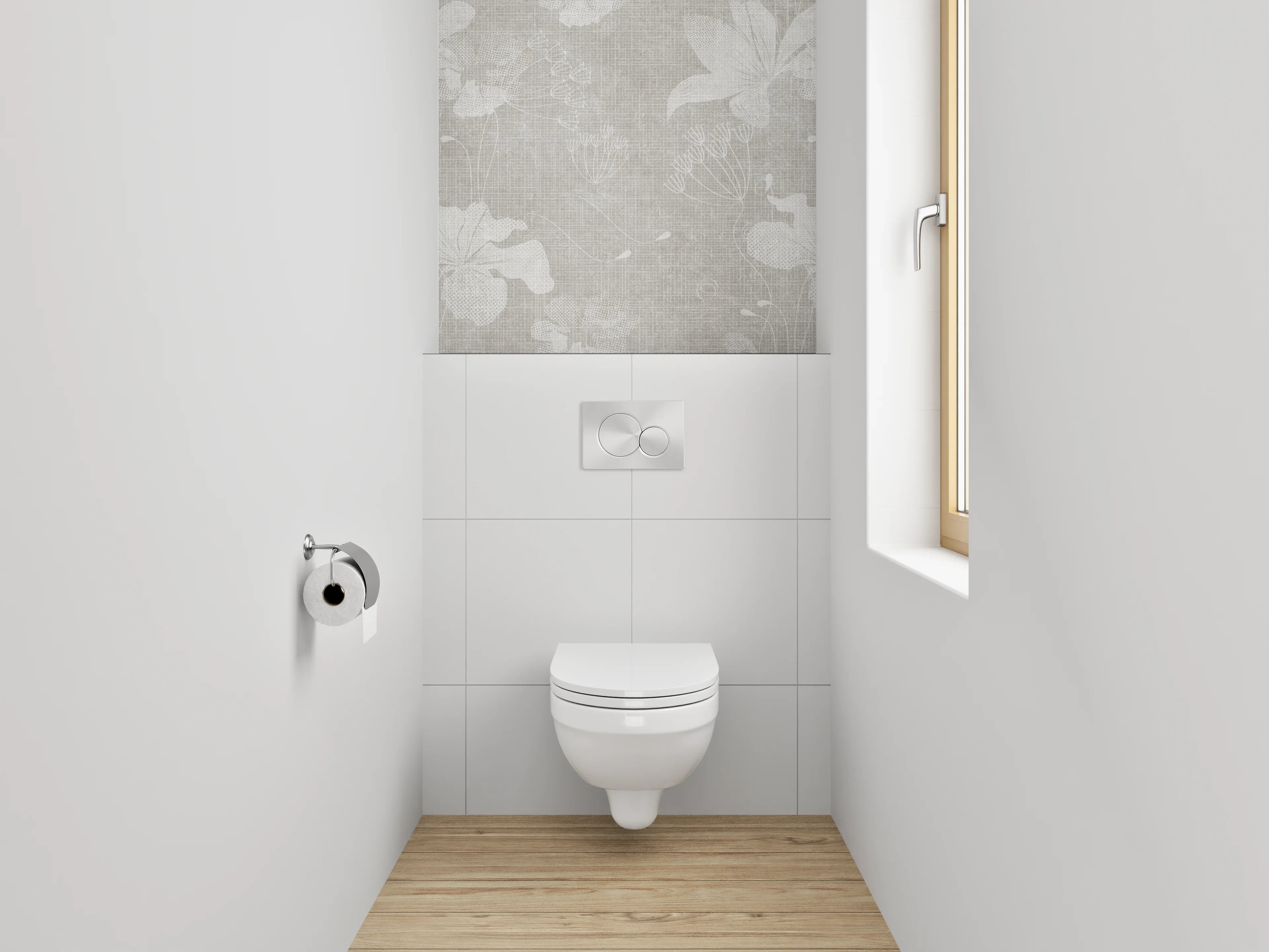 WC-Rückwand - Blumenmuster auf Leinenoptik – Grau Weiß