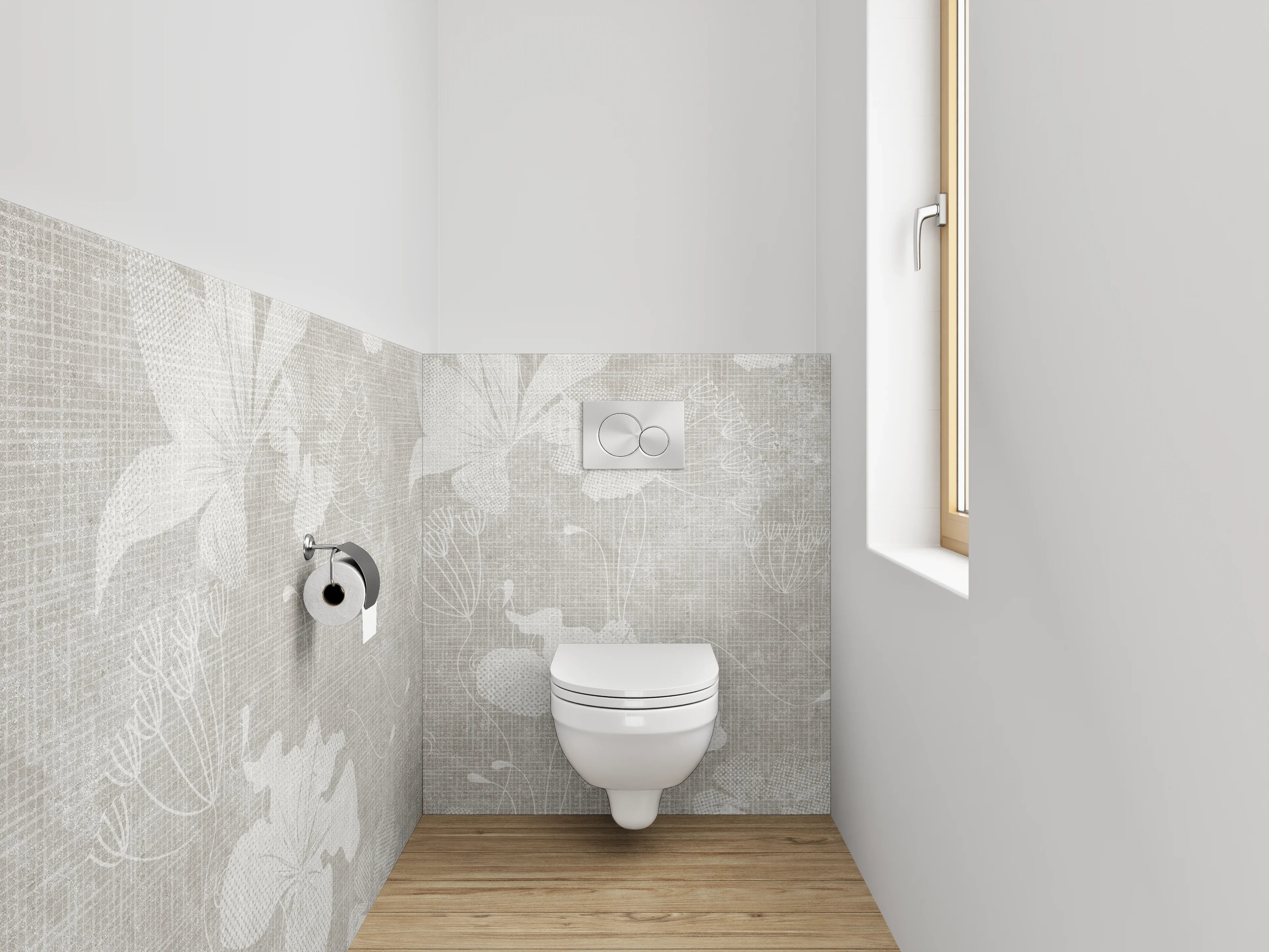 WC-Rückwand - Blumenmuster auf Leinenoptik – Grau Weiß