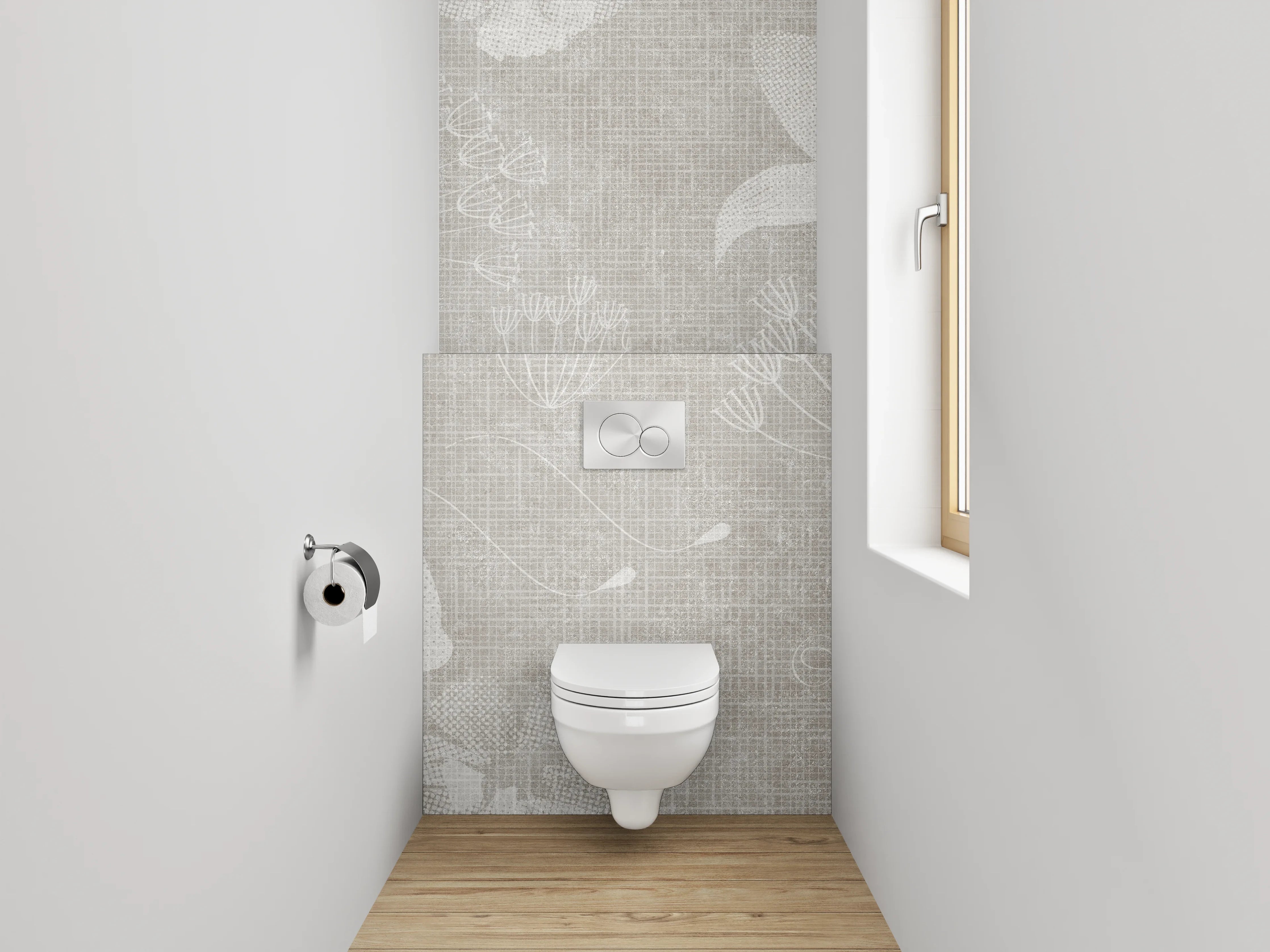 WC-Rückwand - Blumenmuster auf Leinenoptik – Grau Weiß