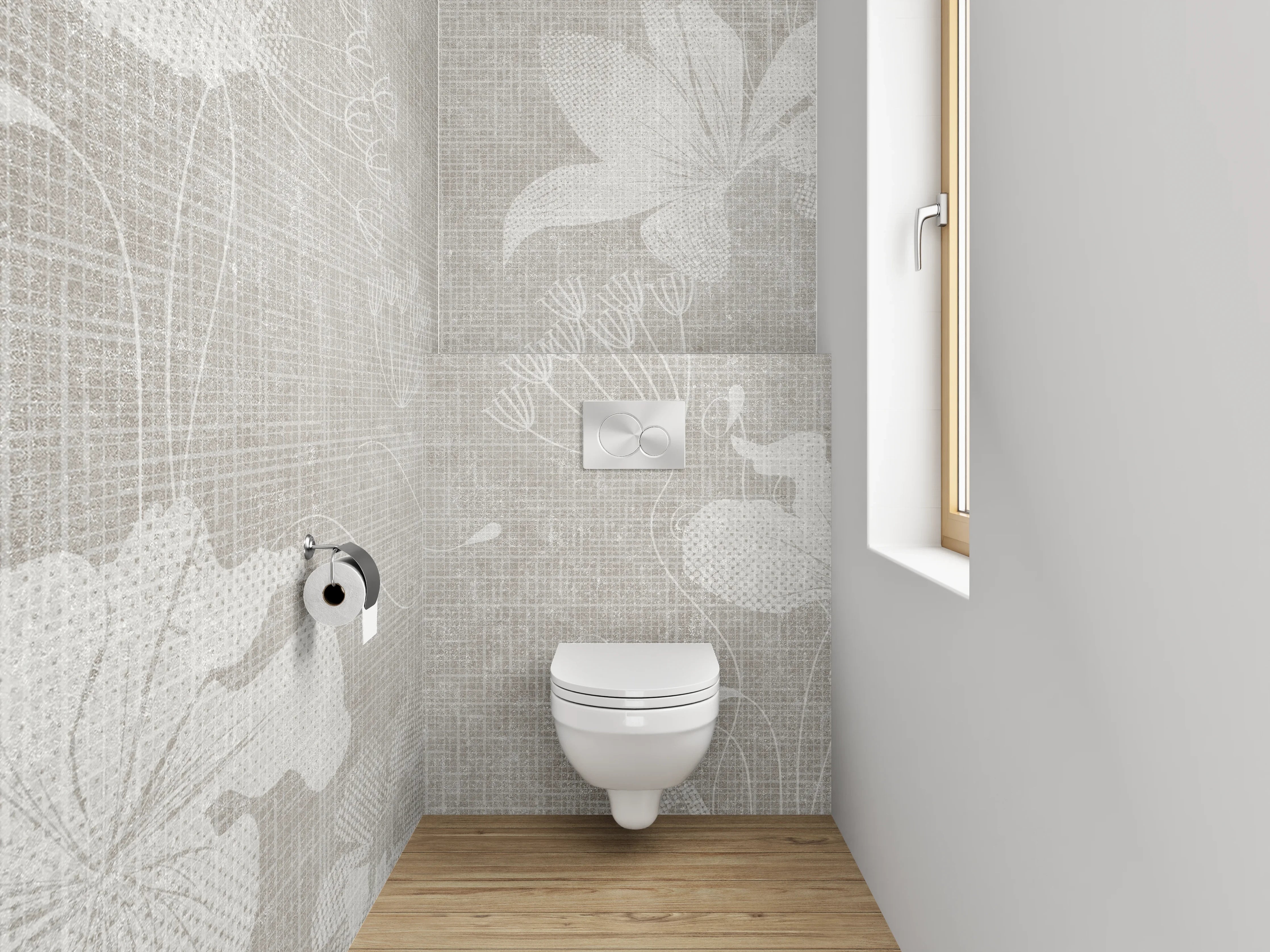 WC-Rückwand - Blumenmuster auf Leinenoptik – Grau Weiß