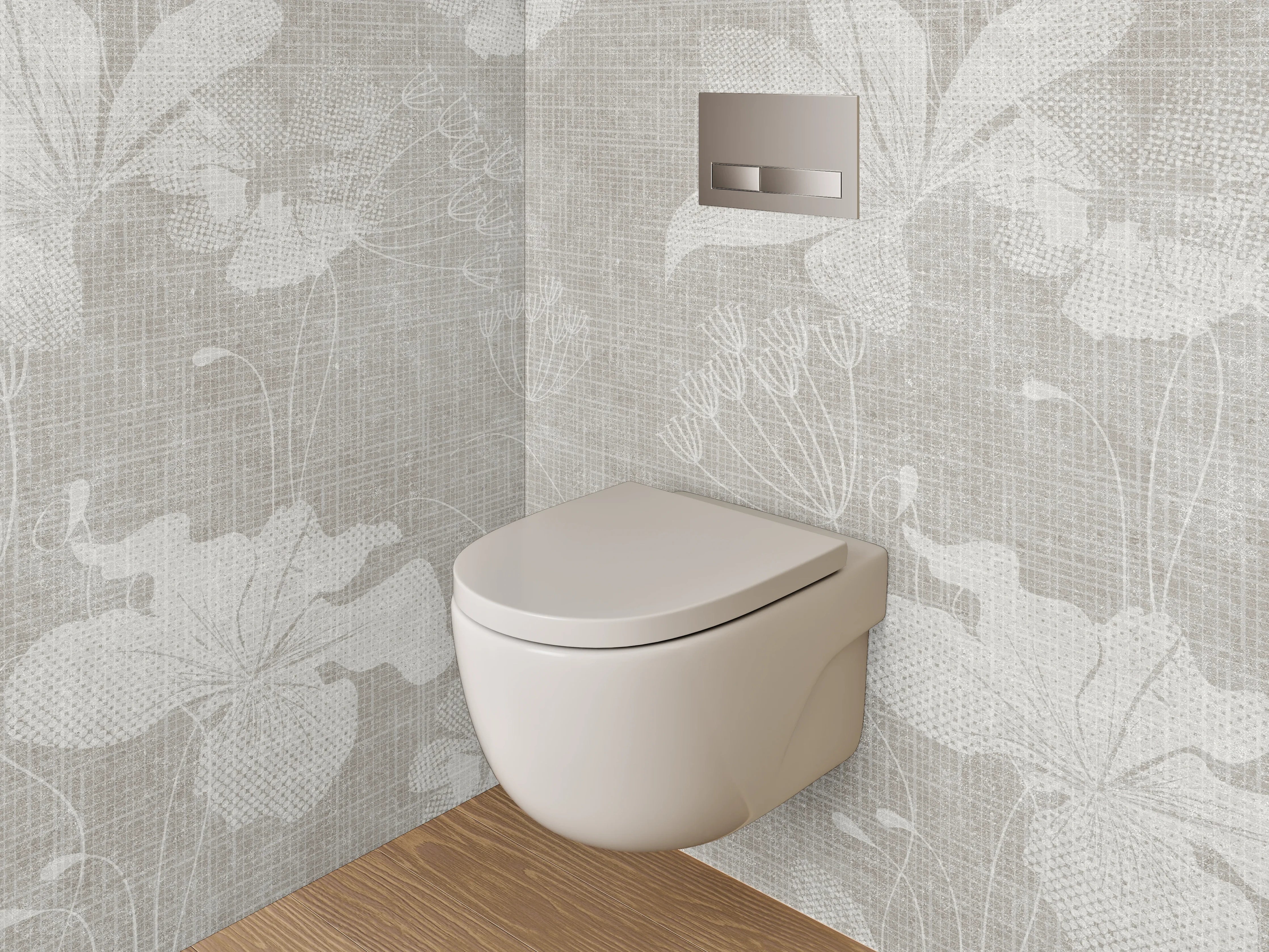 WC-Rückwand - Blumenmuster auf Leinenoptik – Grau Weiß