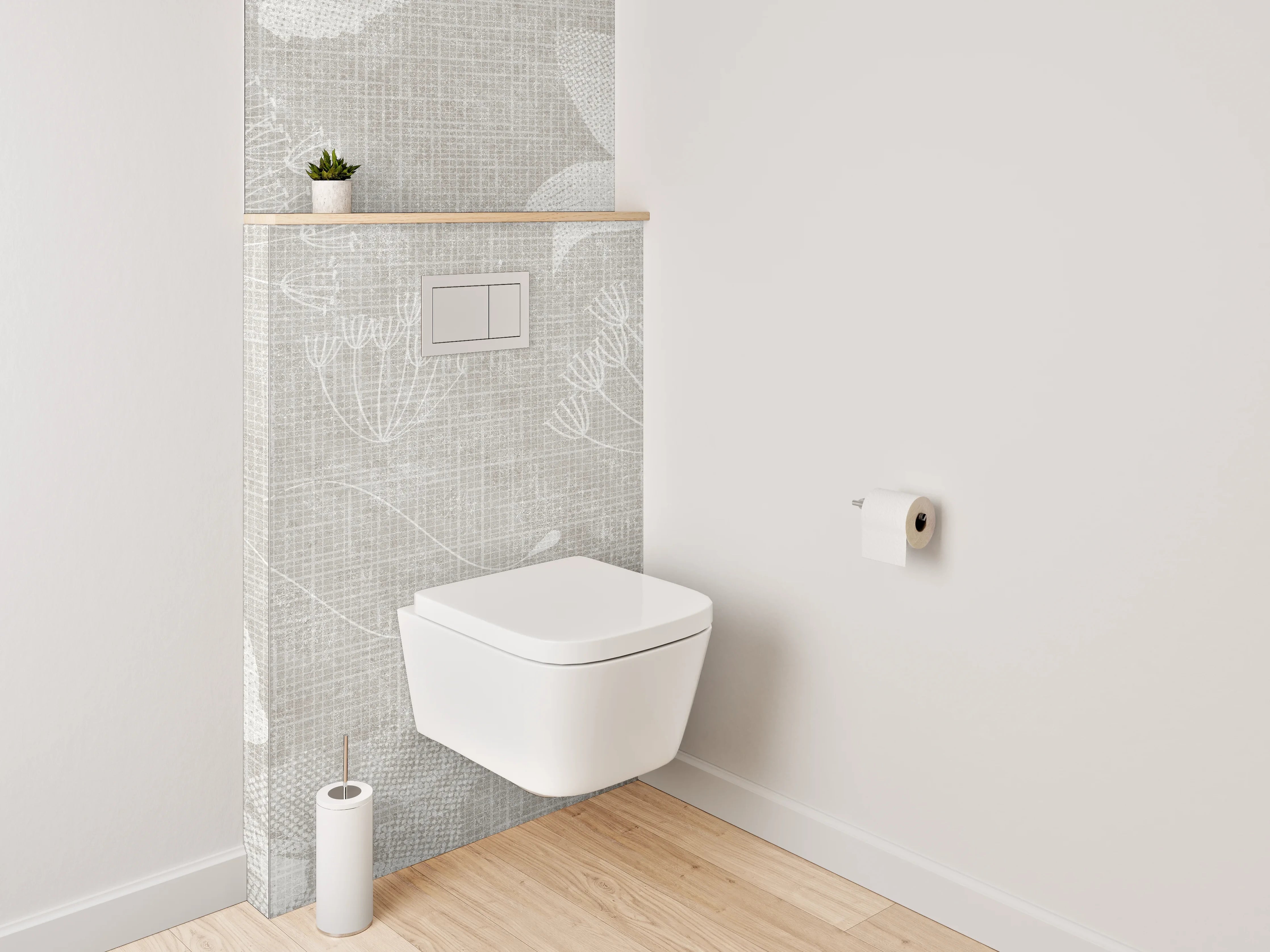 WC-Rückwand - Blumenmuster auf Leinenoptik – Grau Weiß