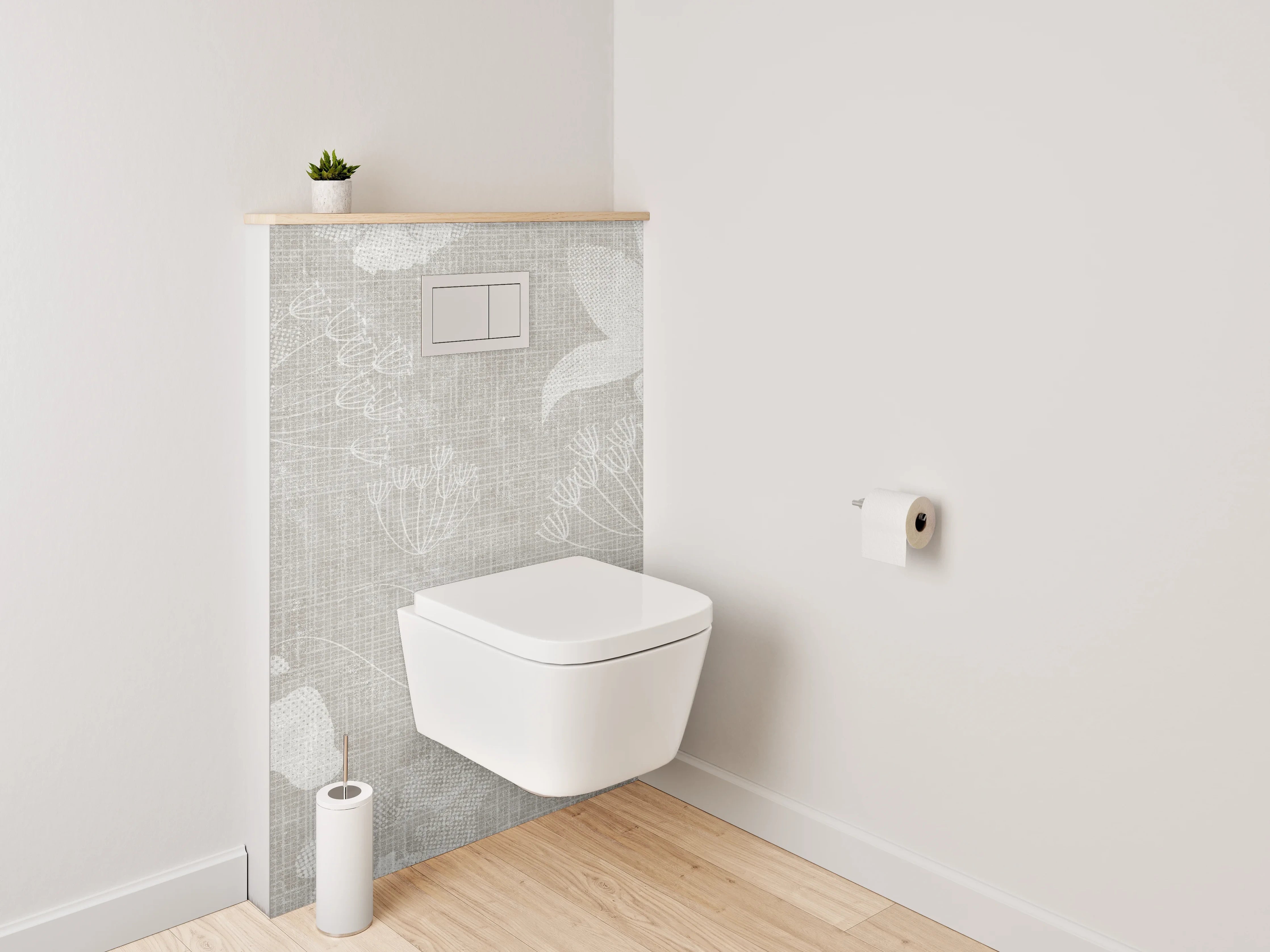 WC-Rückwand - Blumenmuster auf Leinenoptik – Grau Weiß