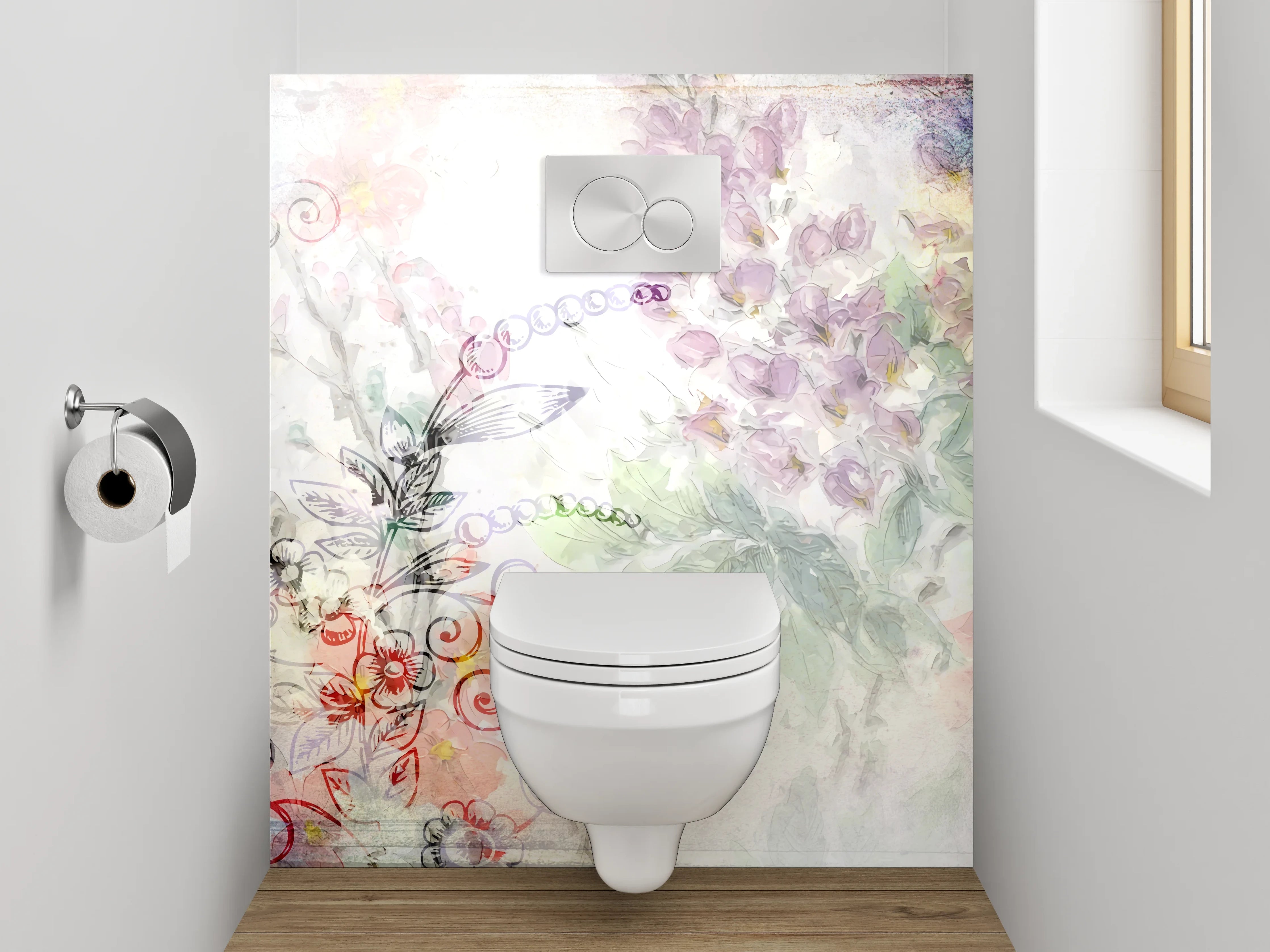 WC-Rückwand - Blumige Aquarell-Lineart Pflanzen Illustration