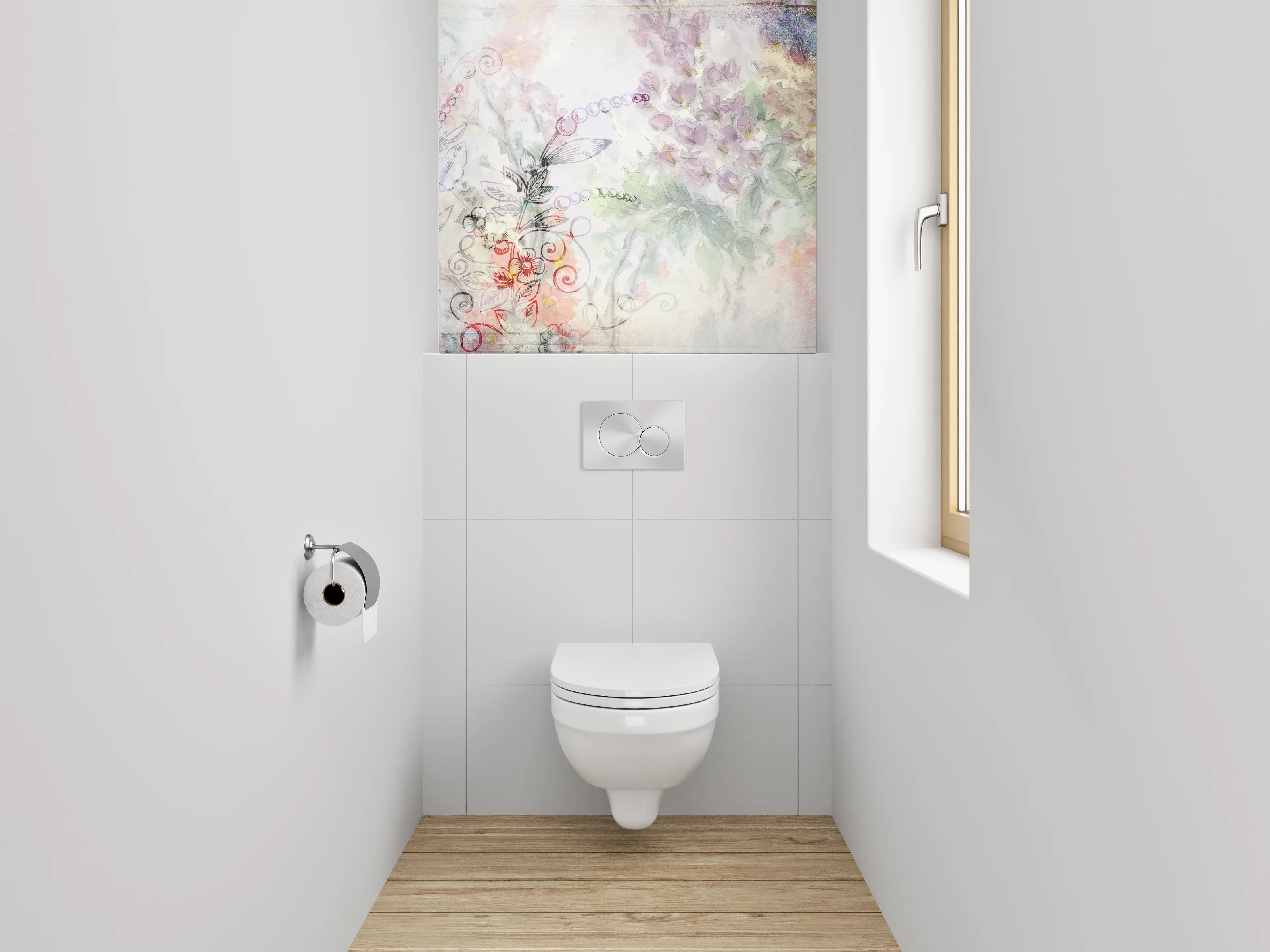 WC-Rückwand - Blumige Aquarell-Lineart Pflanzen Illustration