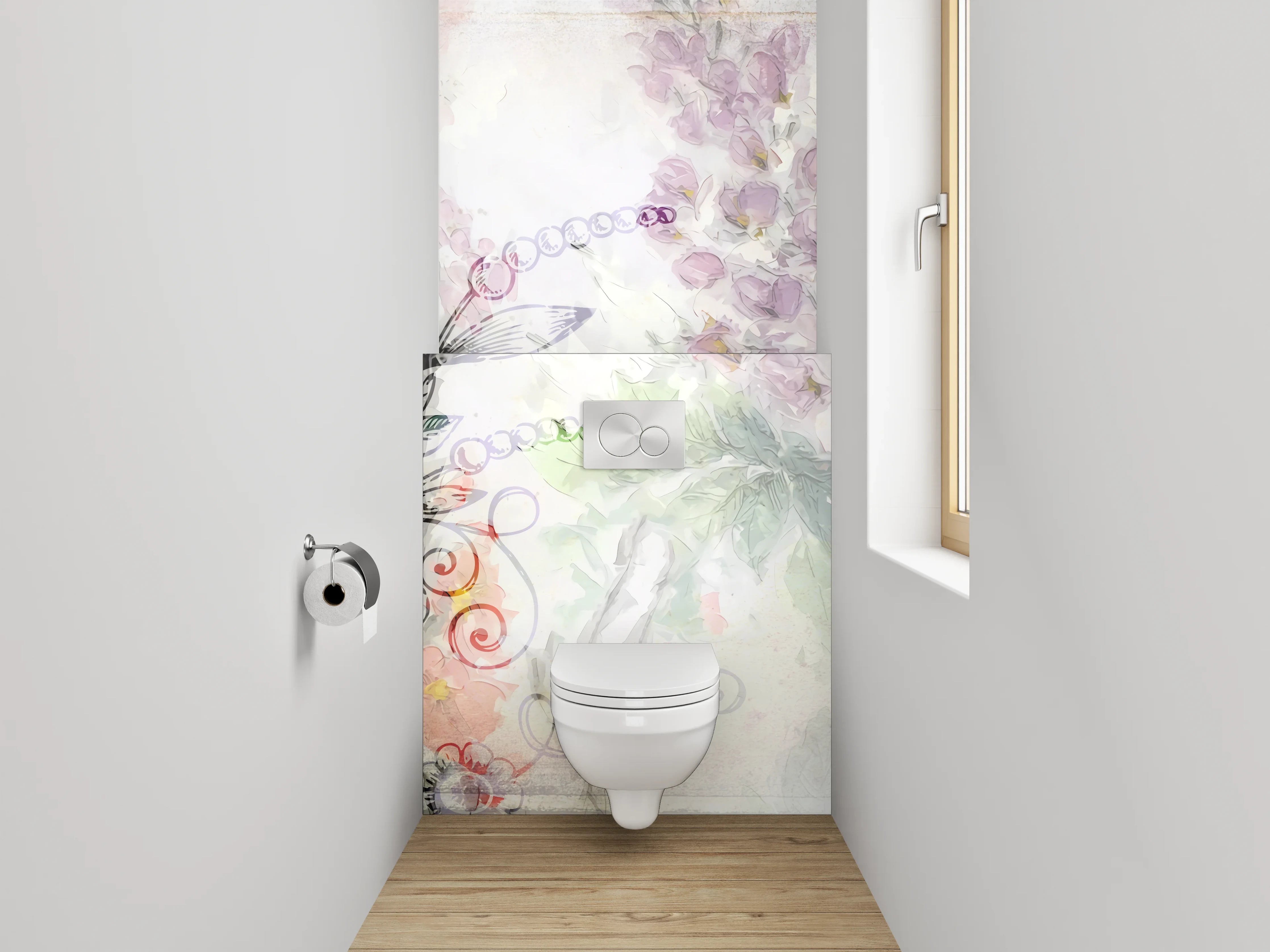 WC-Rückwand - Blumige Aquarell-Lineart Pflanzen Illustration
