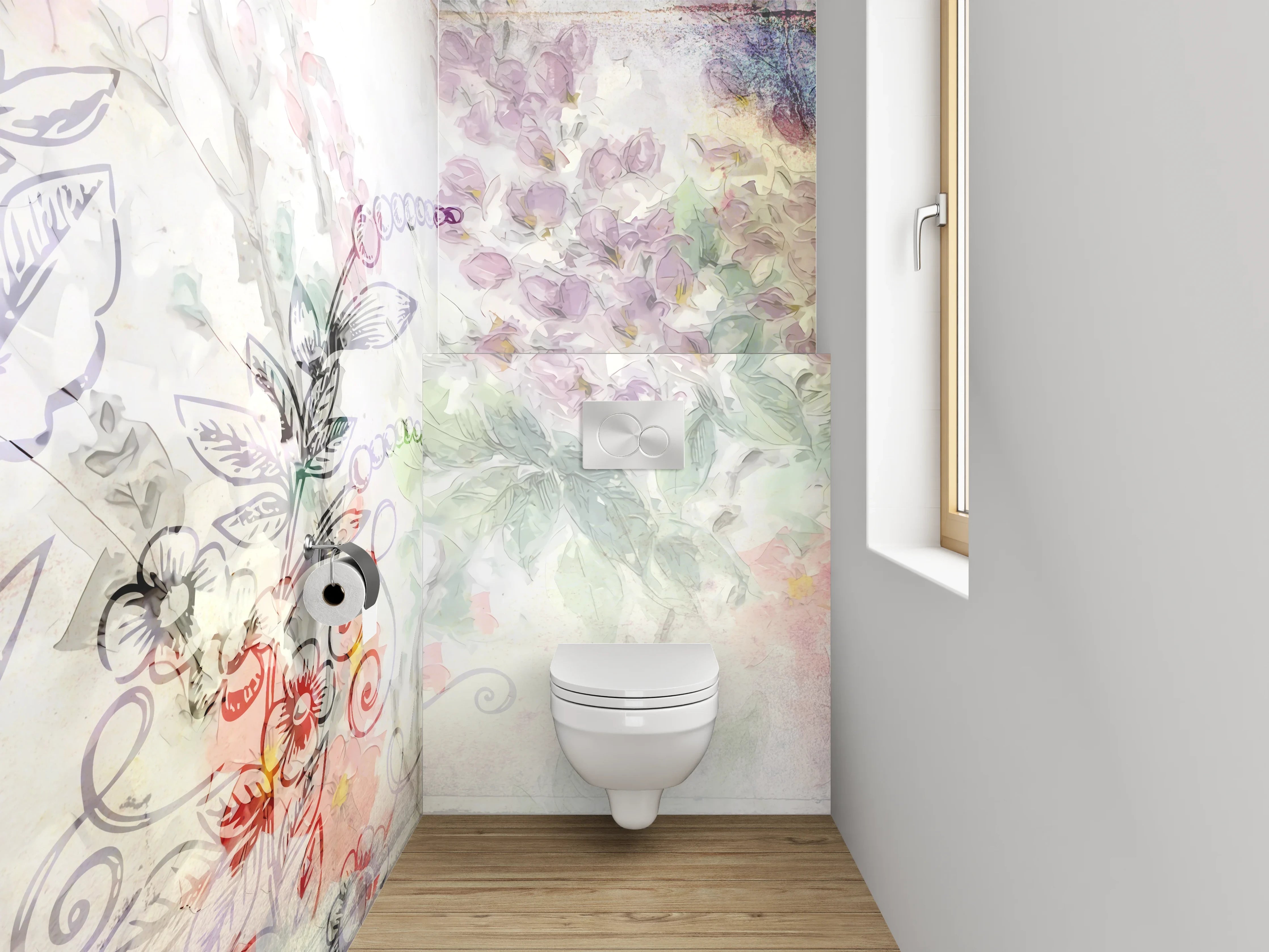 WC-Rückwand - Blumige Aquarell-Lineart Pflanzen Illustration
