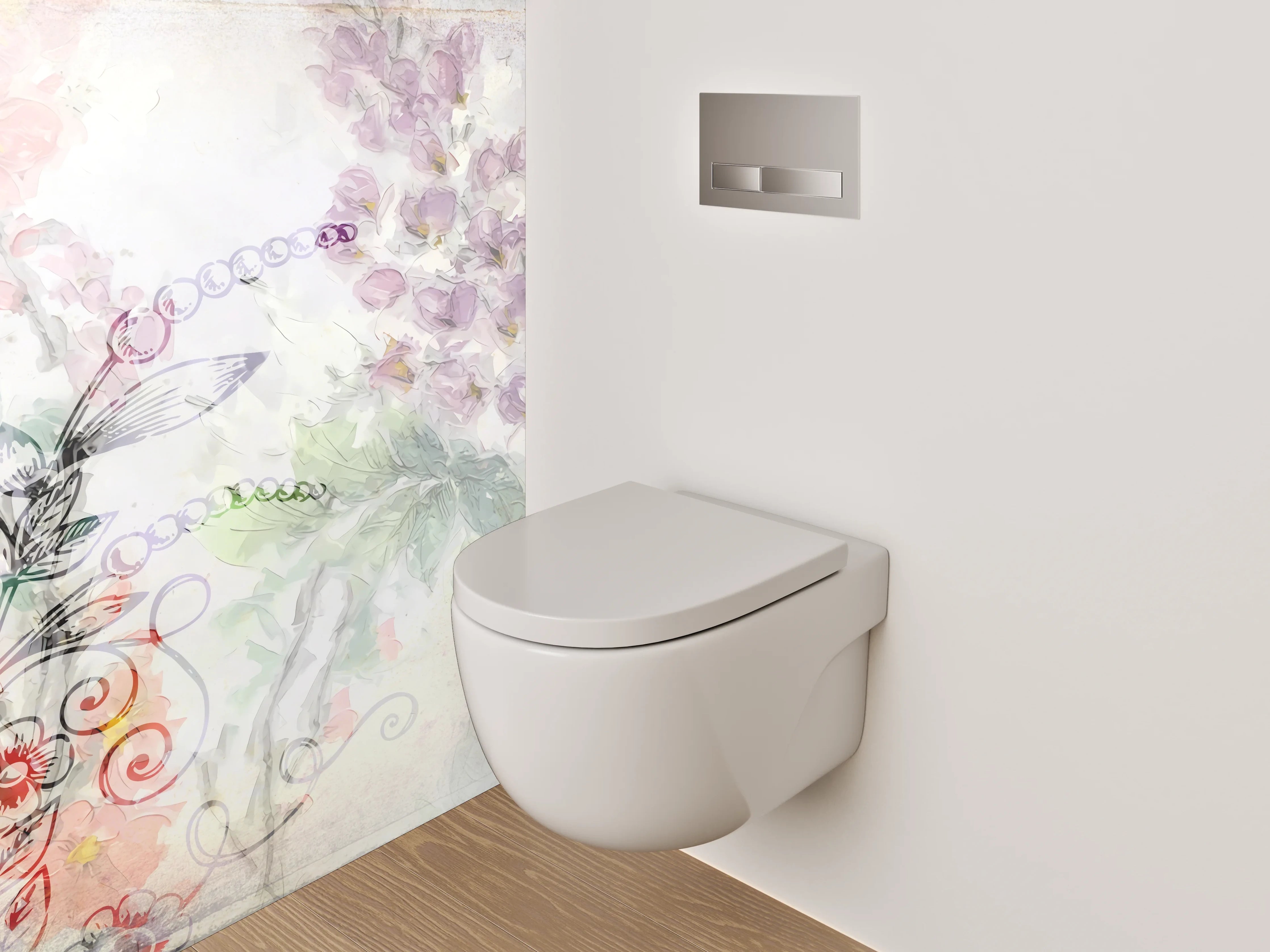 WC-Rückwand - Blumige Aquarell-Lineart Pflanzen Illustration