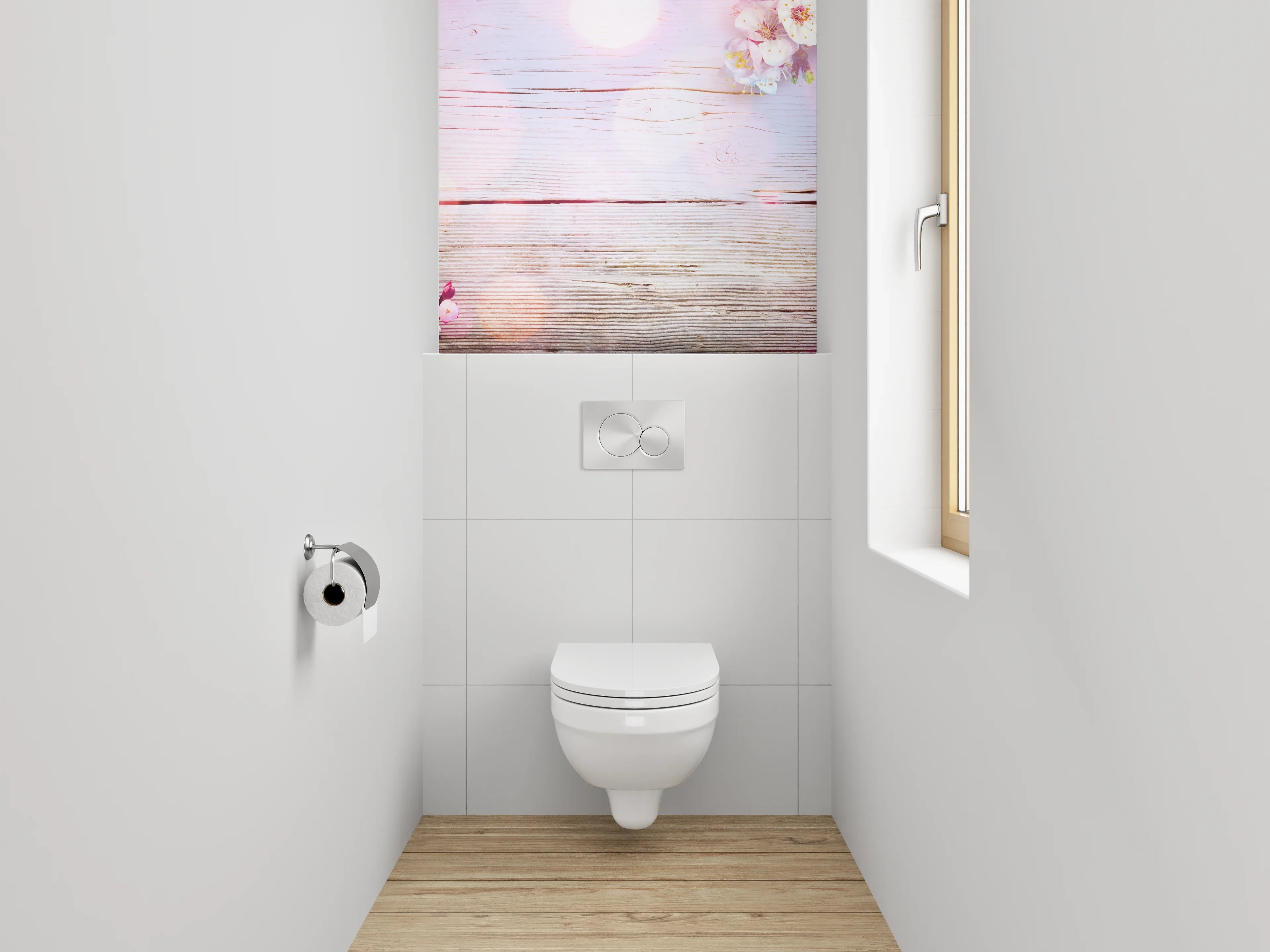 WC-Rückwand - Blumige Holzoptik – Sanfte Frühlingsdeko