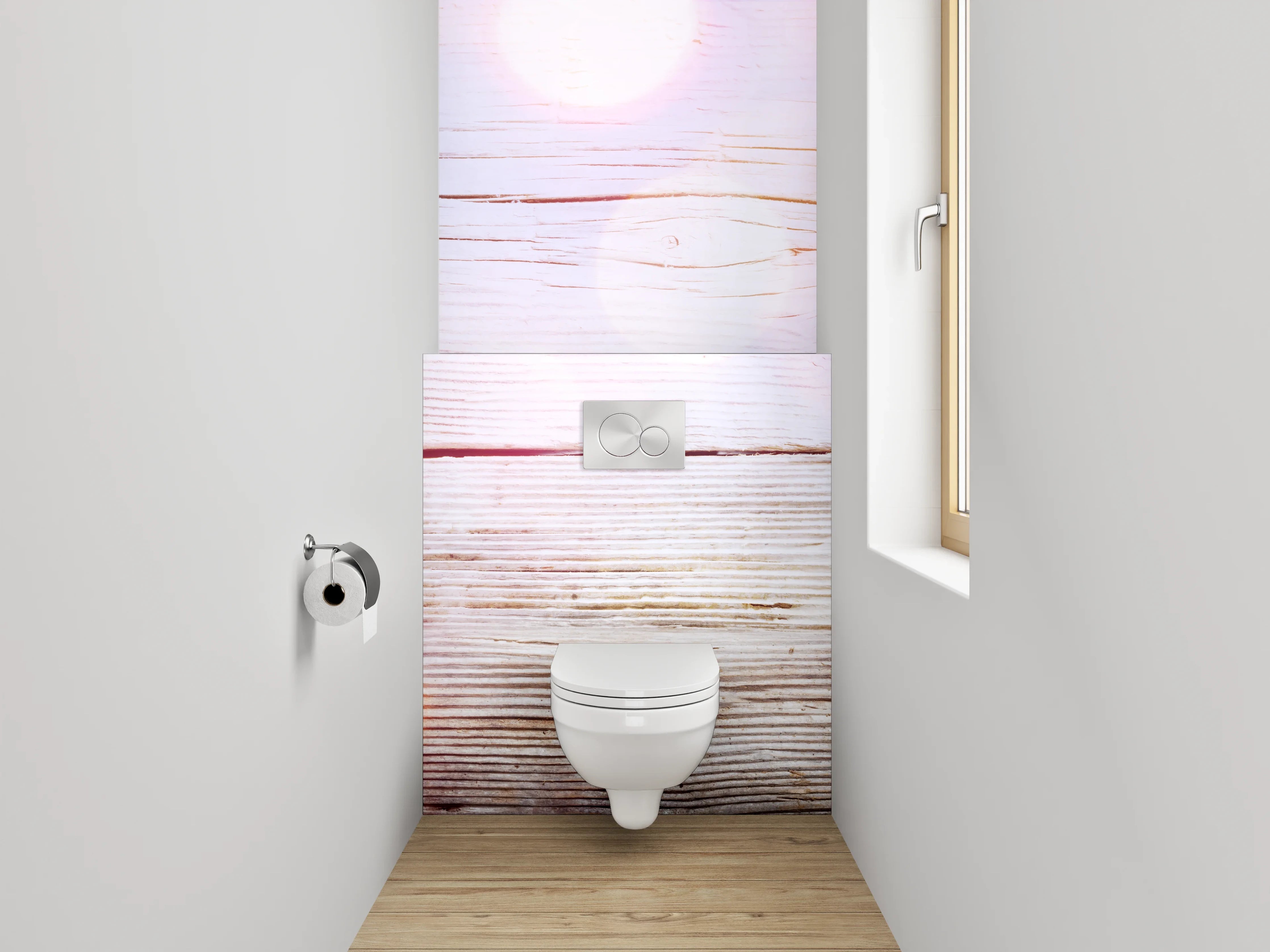 WC-Rückwand - Blumige Holzoptik – Sanfte Frühlingsdeko