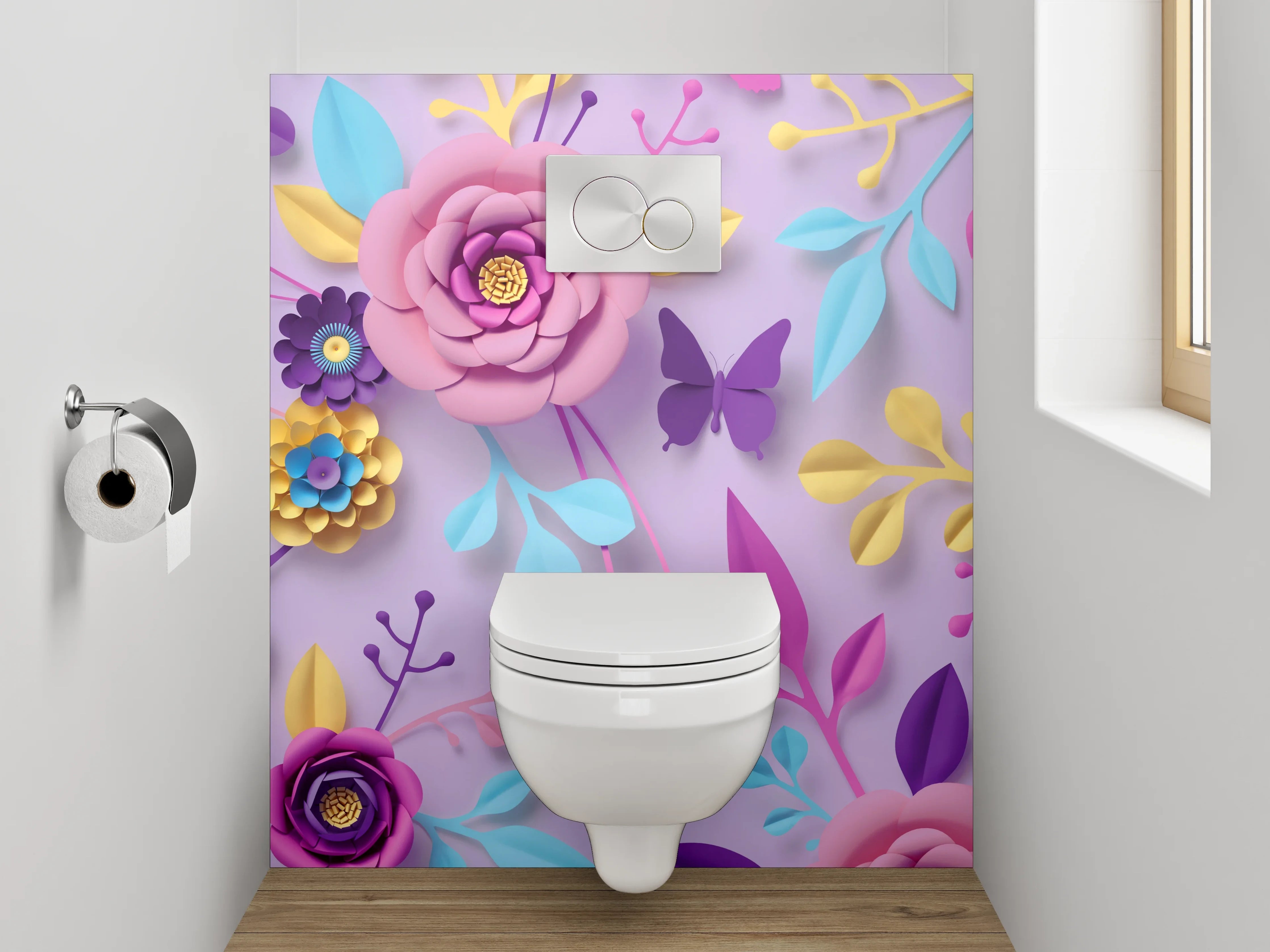 WC-Rückwand - Blumige Papierkunst auf Flieder