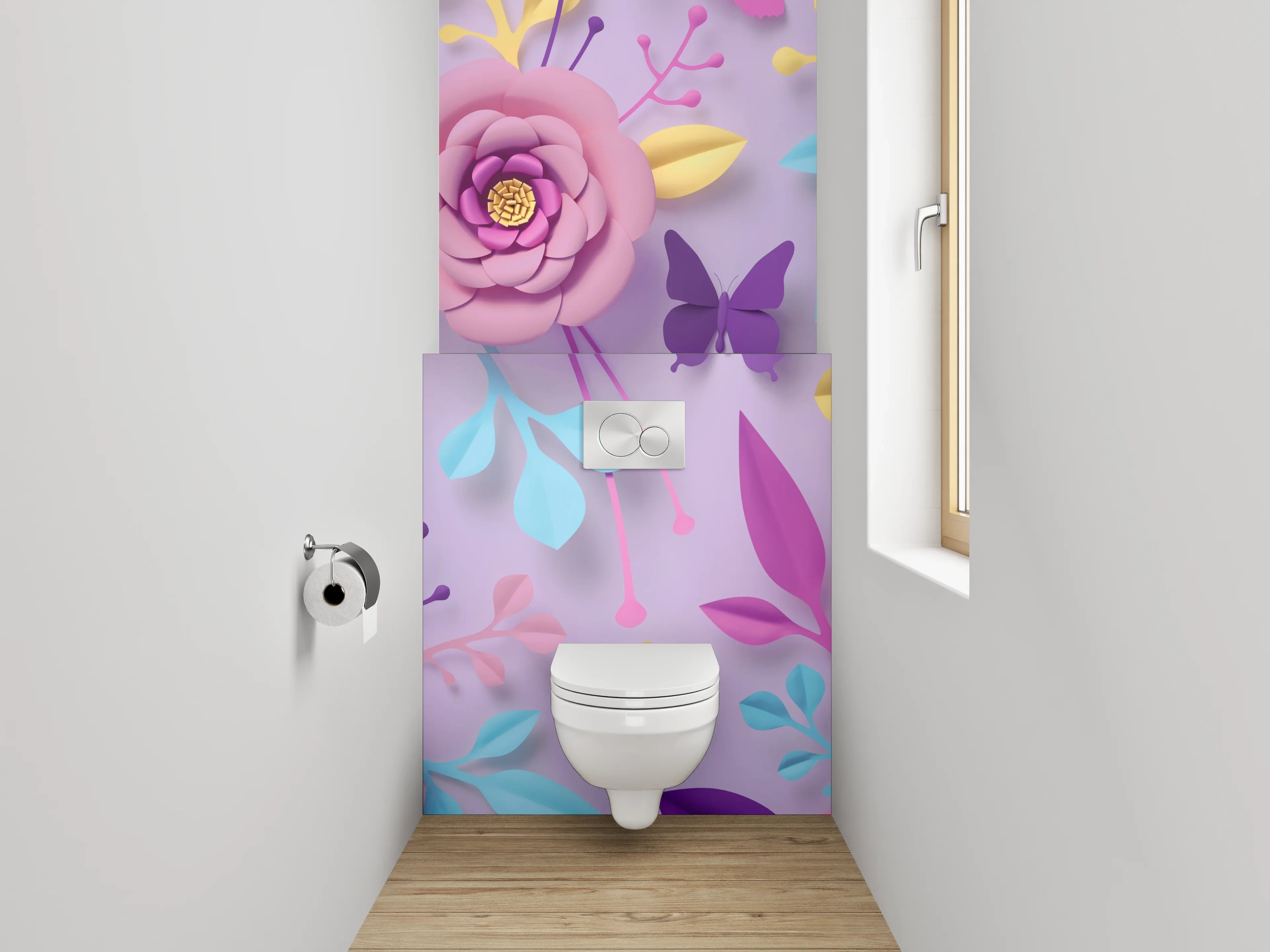 WC-Rückwand - Blumige Papierkunst auf Flieder