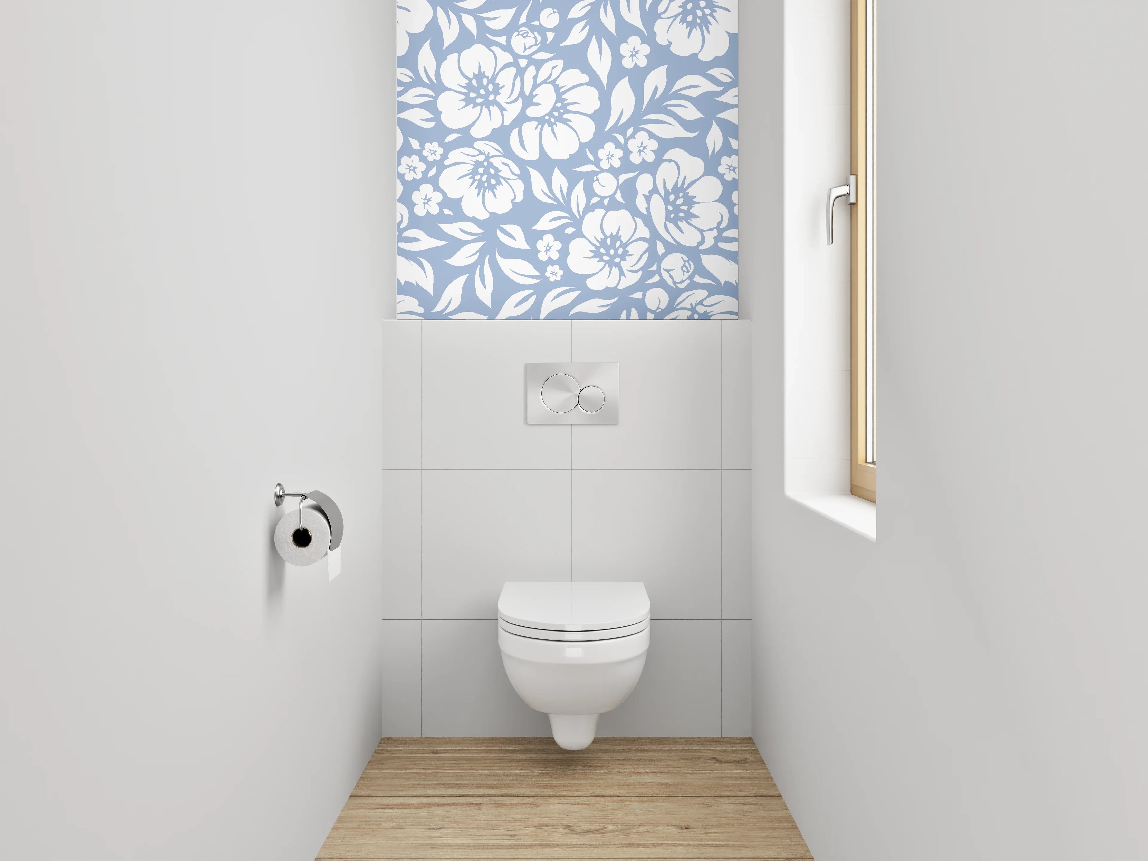 WC-Rückwand - Blumiges Muster Blau-Weiß Floral