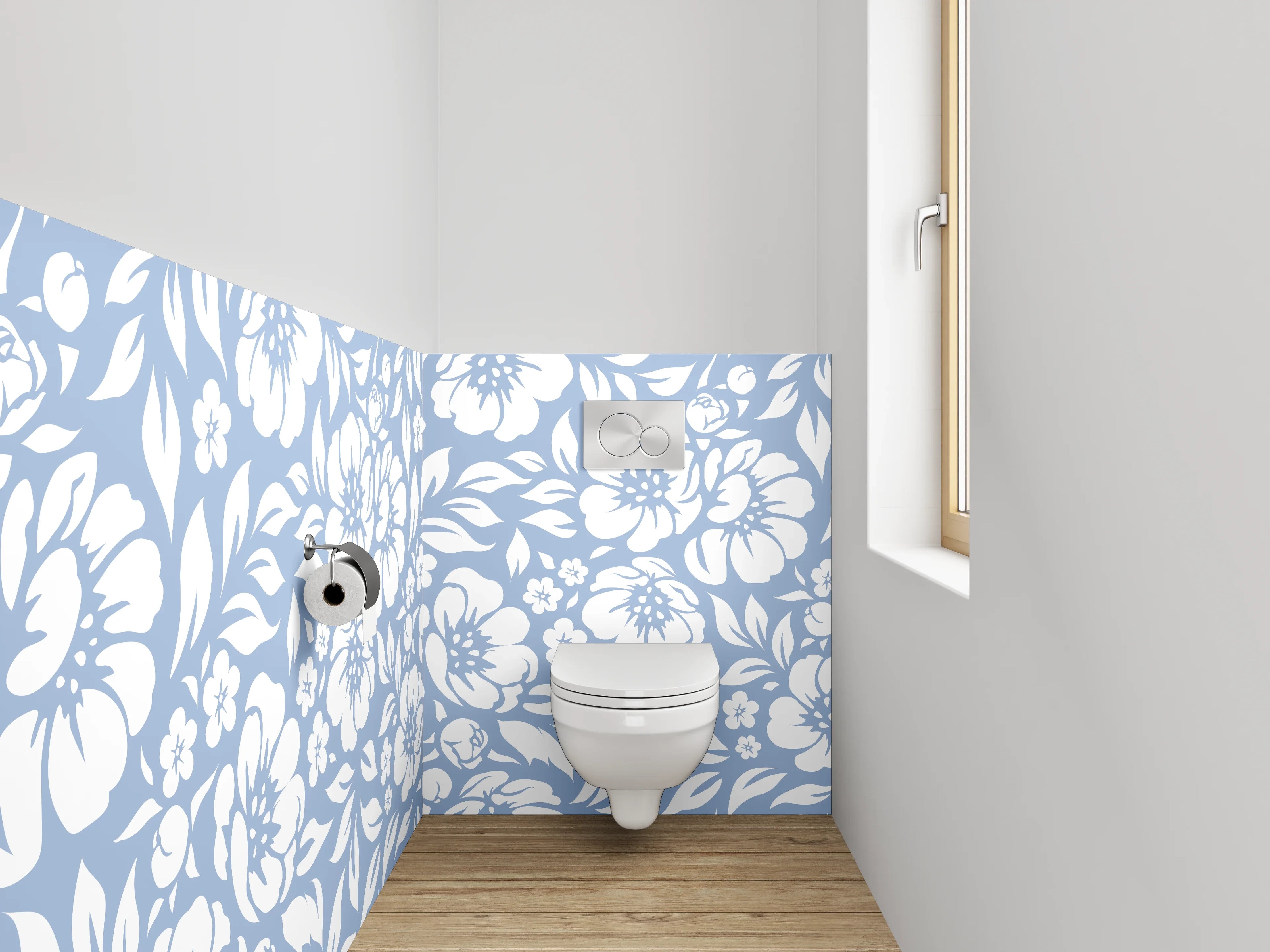 WC-Rückwand - Blumiges Muster Blau-Weiß Floral