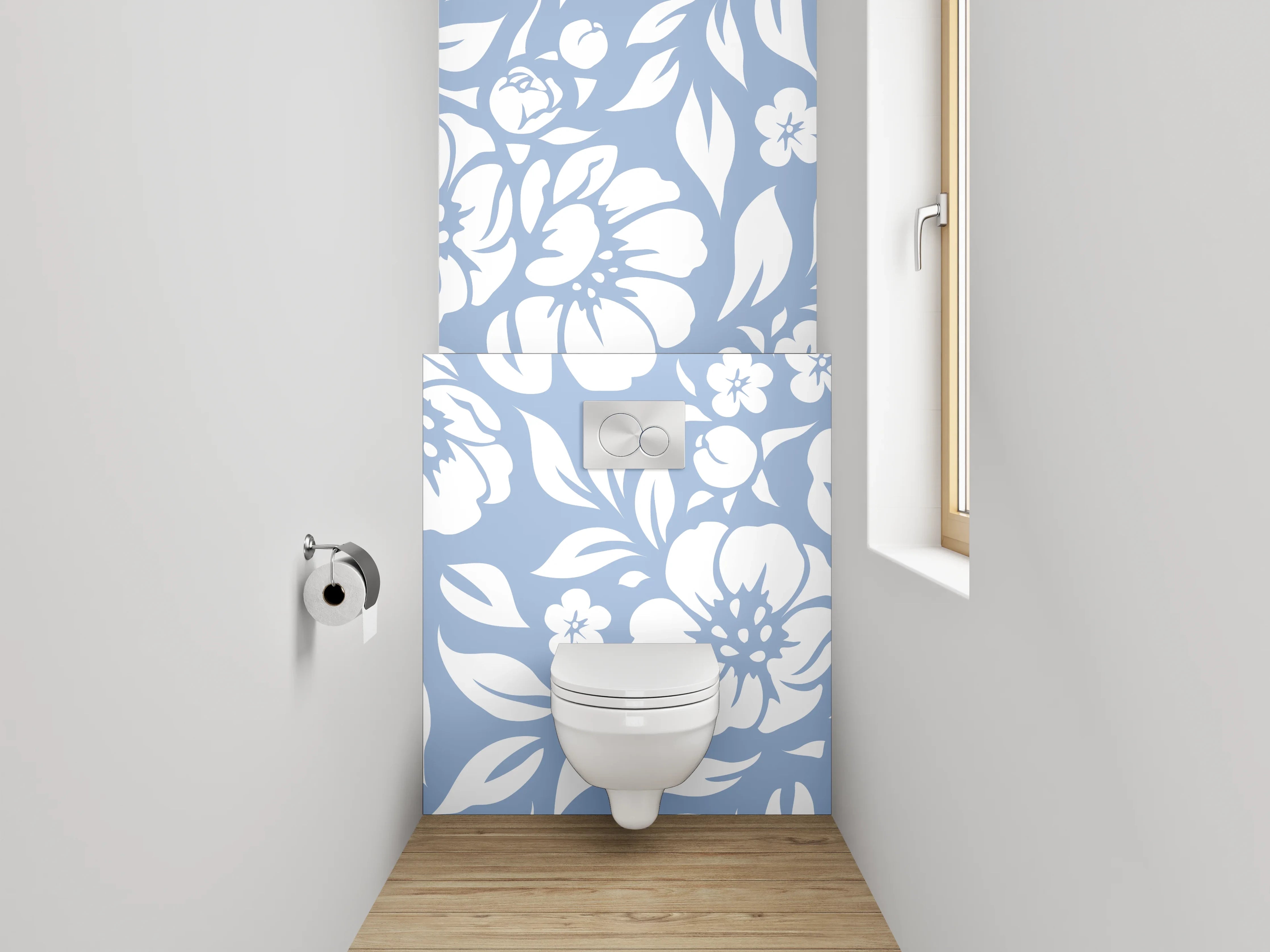 WC-Rückwand - Blumiges Muster Blau-Weiß Floral