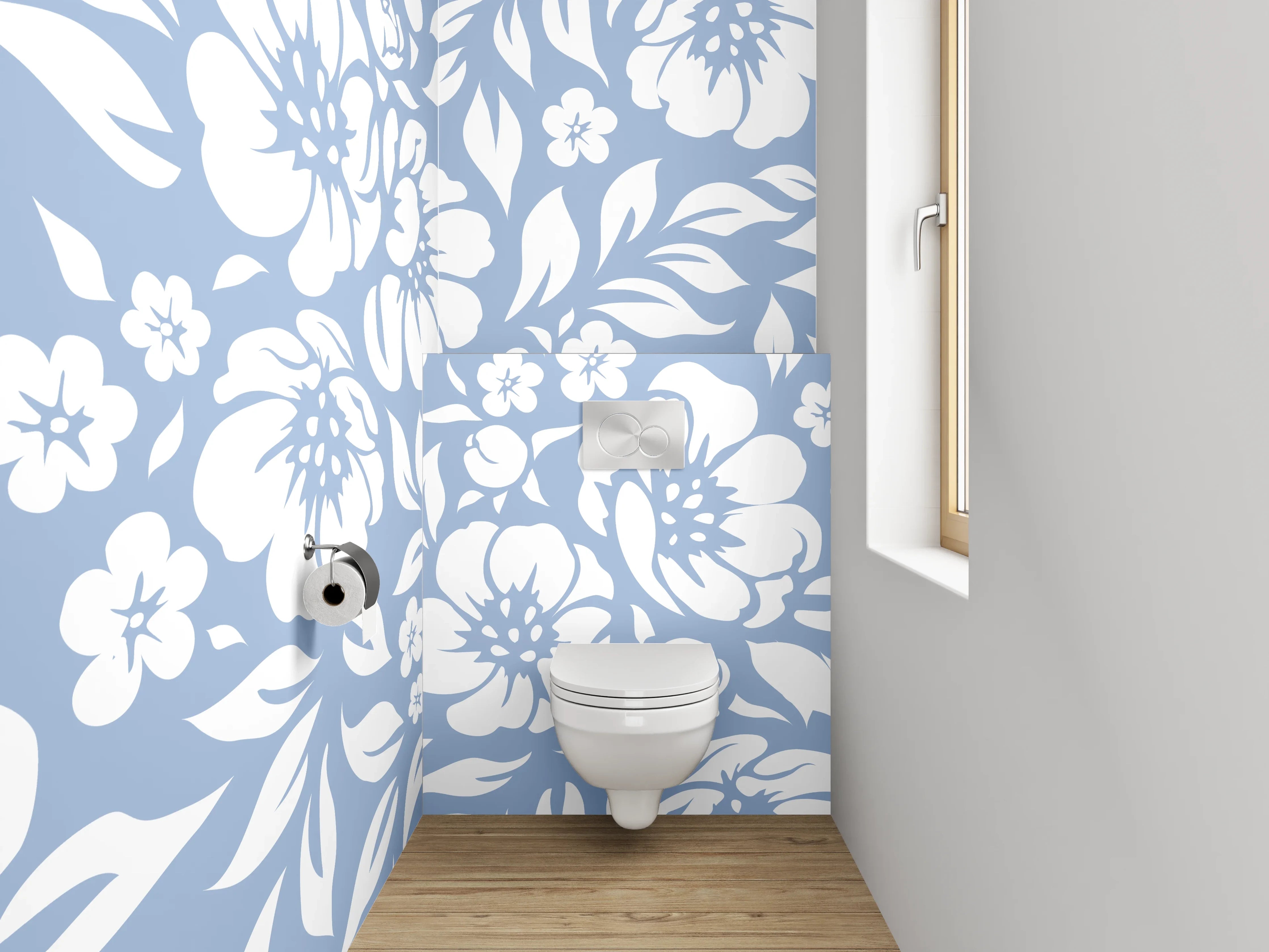 WC-Rückwand - Blumiges Muster Blau-Weiß Floral