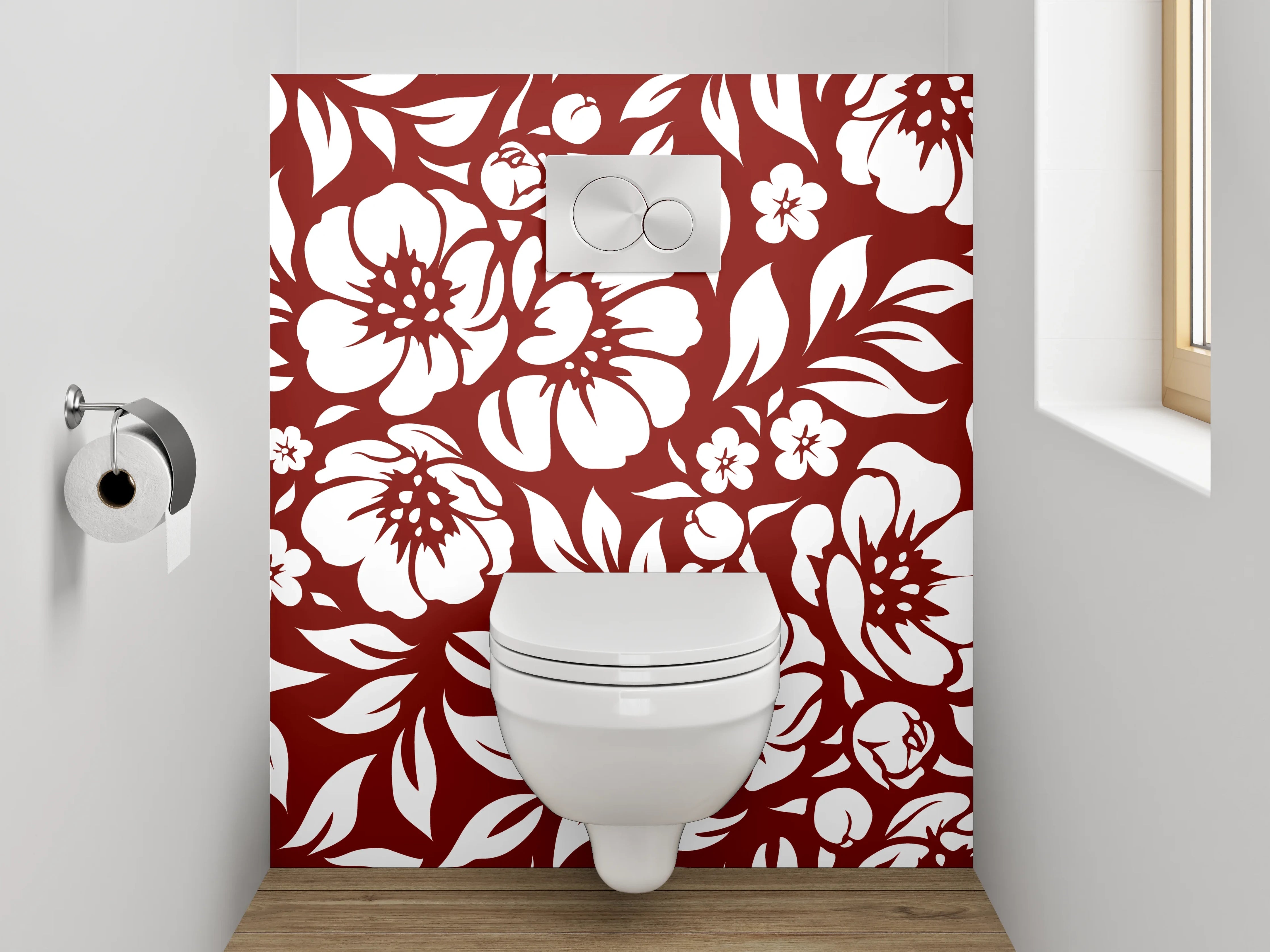 WC-Rückwand - Blumiges Ornamentmuster Rot-Weiß