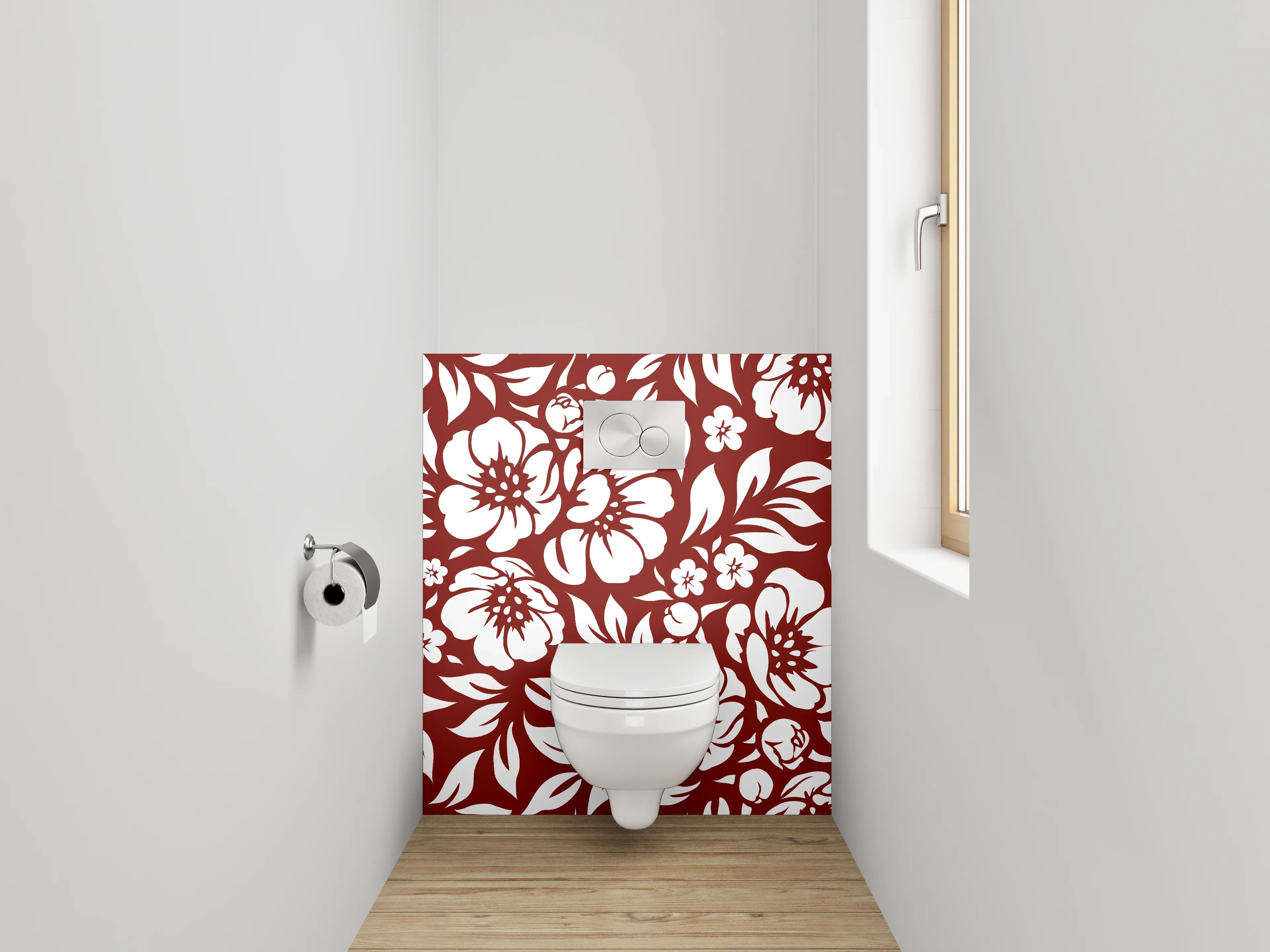 WC-Rückwand - Blumiges Ornamentmuster Rot-Weiß
