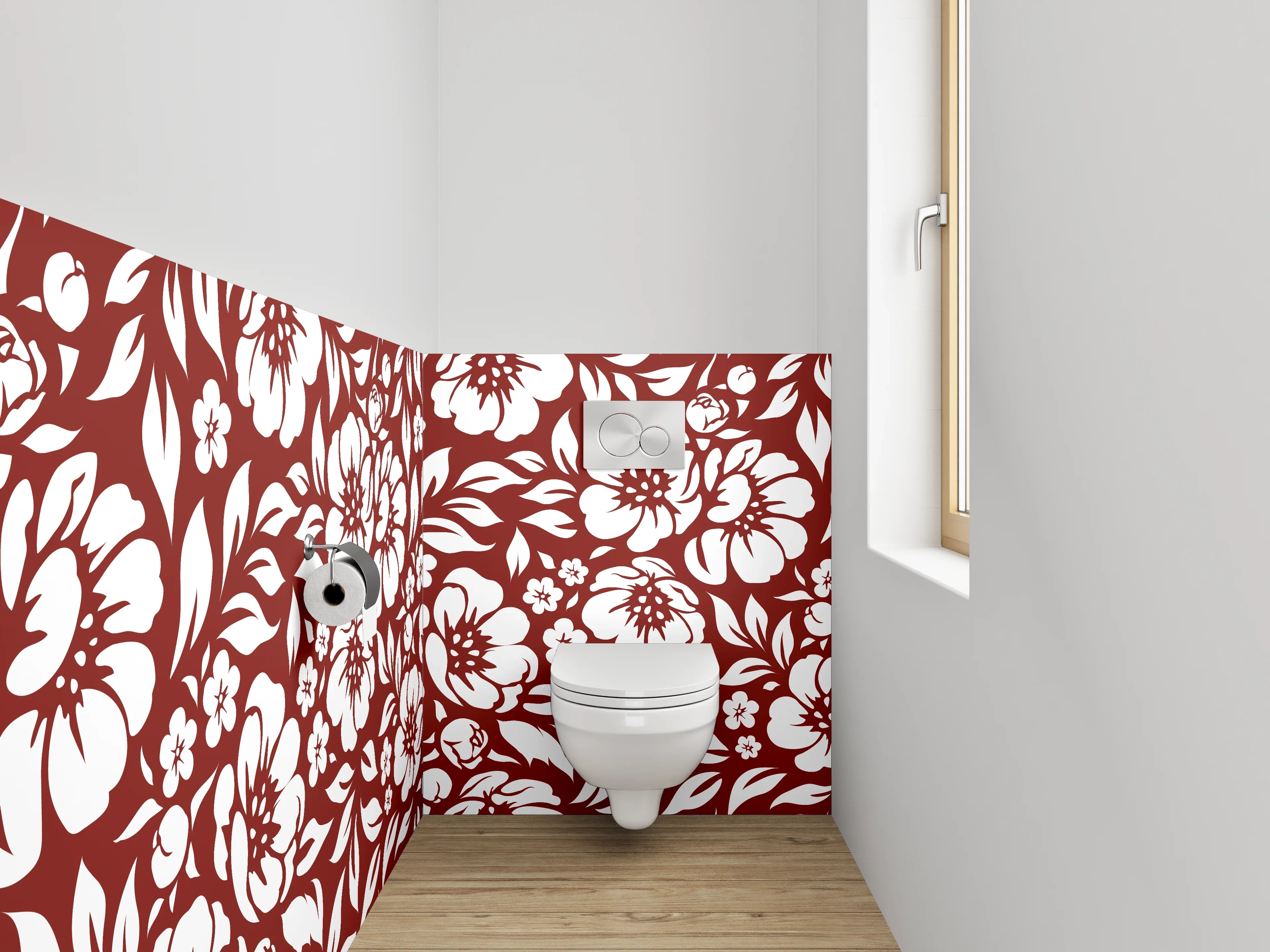 WC-Rückwand - Blumiges Ornamentmuster Rot-Weiß