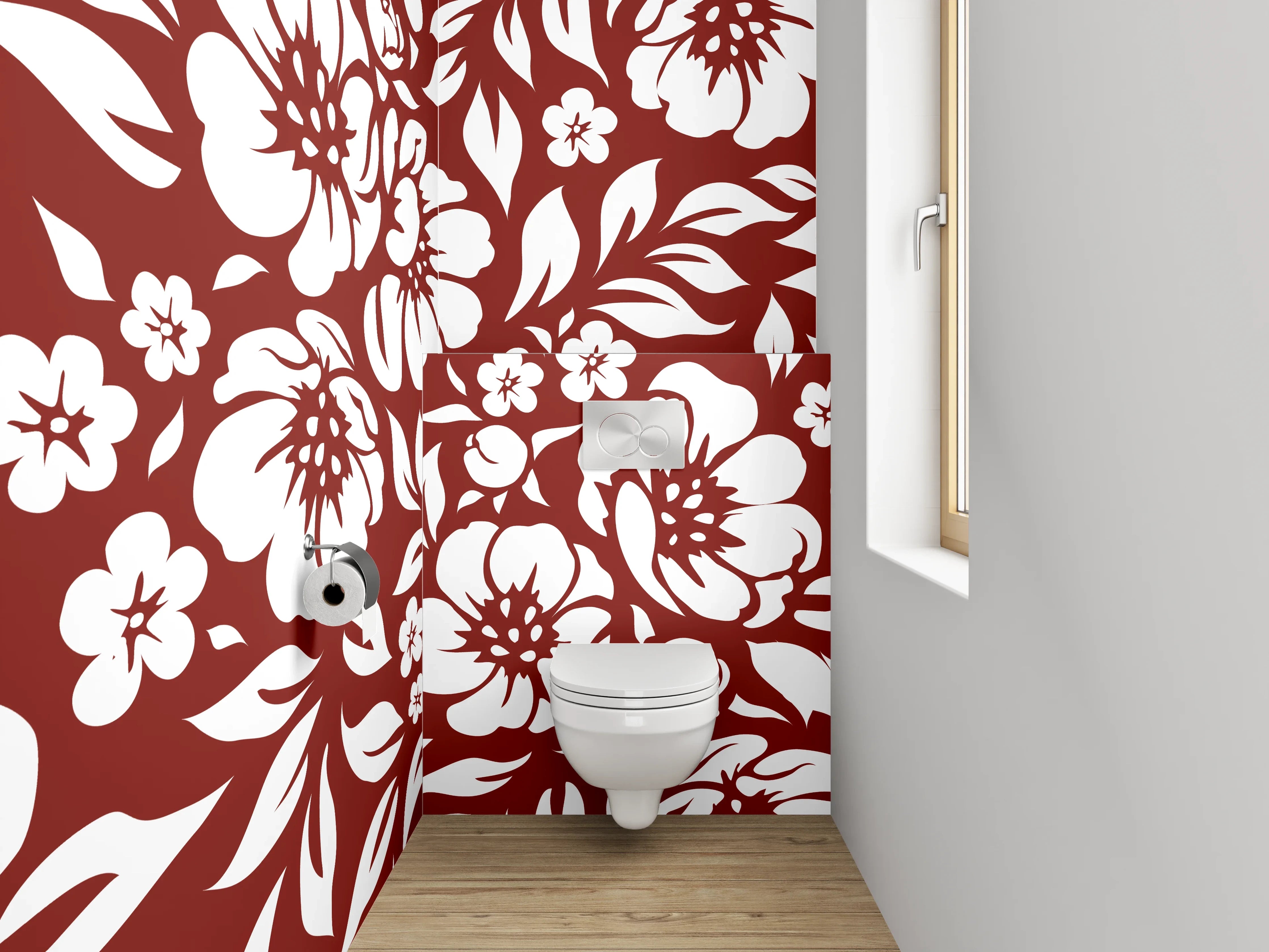 WC-Rückwand - Blumiges Ornamentmuster Rot-Weiß