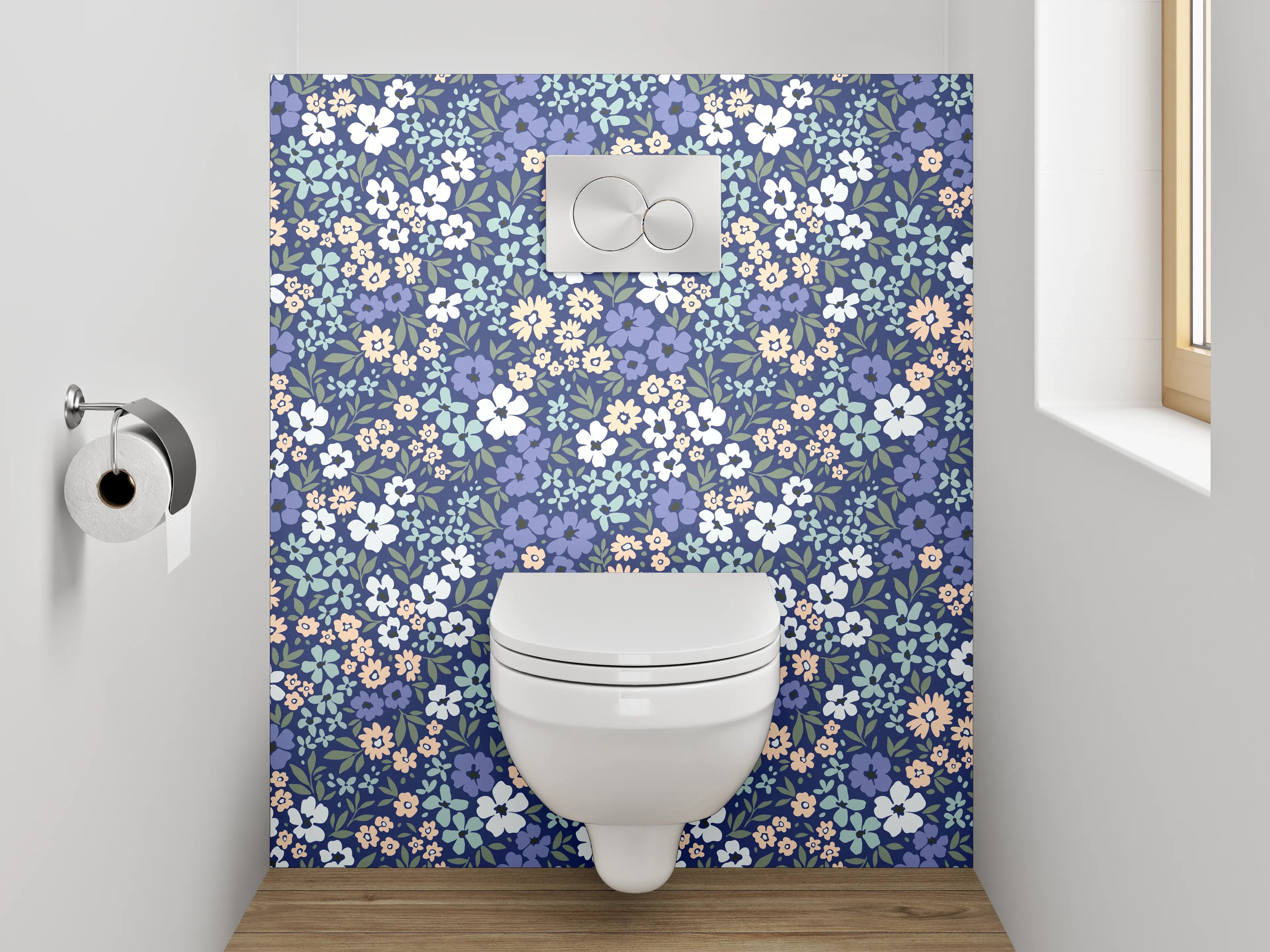 WC-Rückwand - Blumiges Vintage-Blumenmuster Blau Rosa