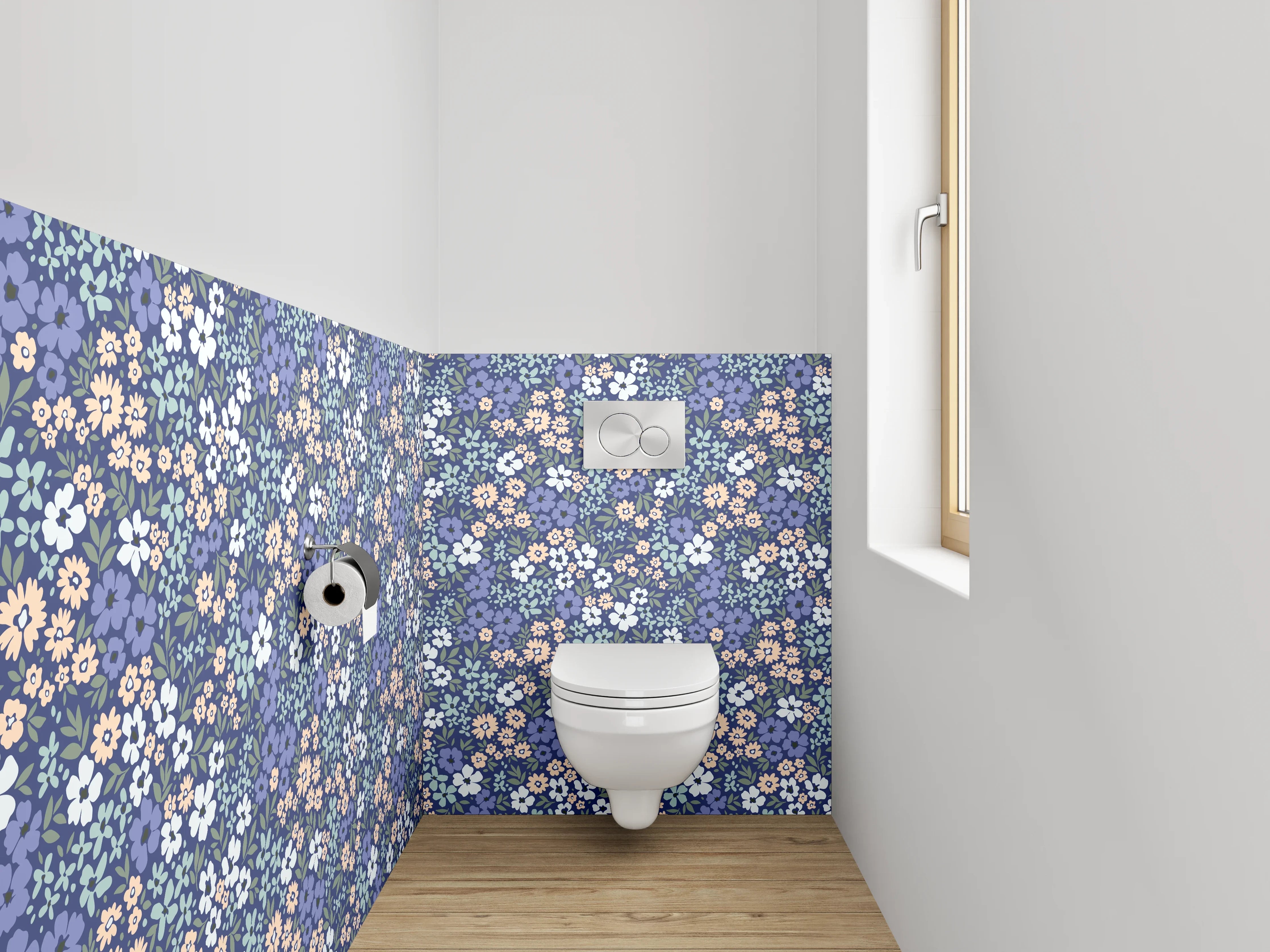 WC-Rückwand - Blumiges Vintage-Blumenmuster Blau Rosa