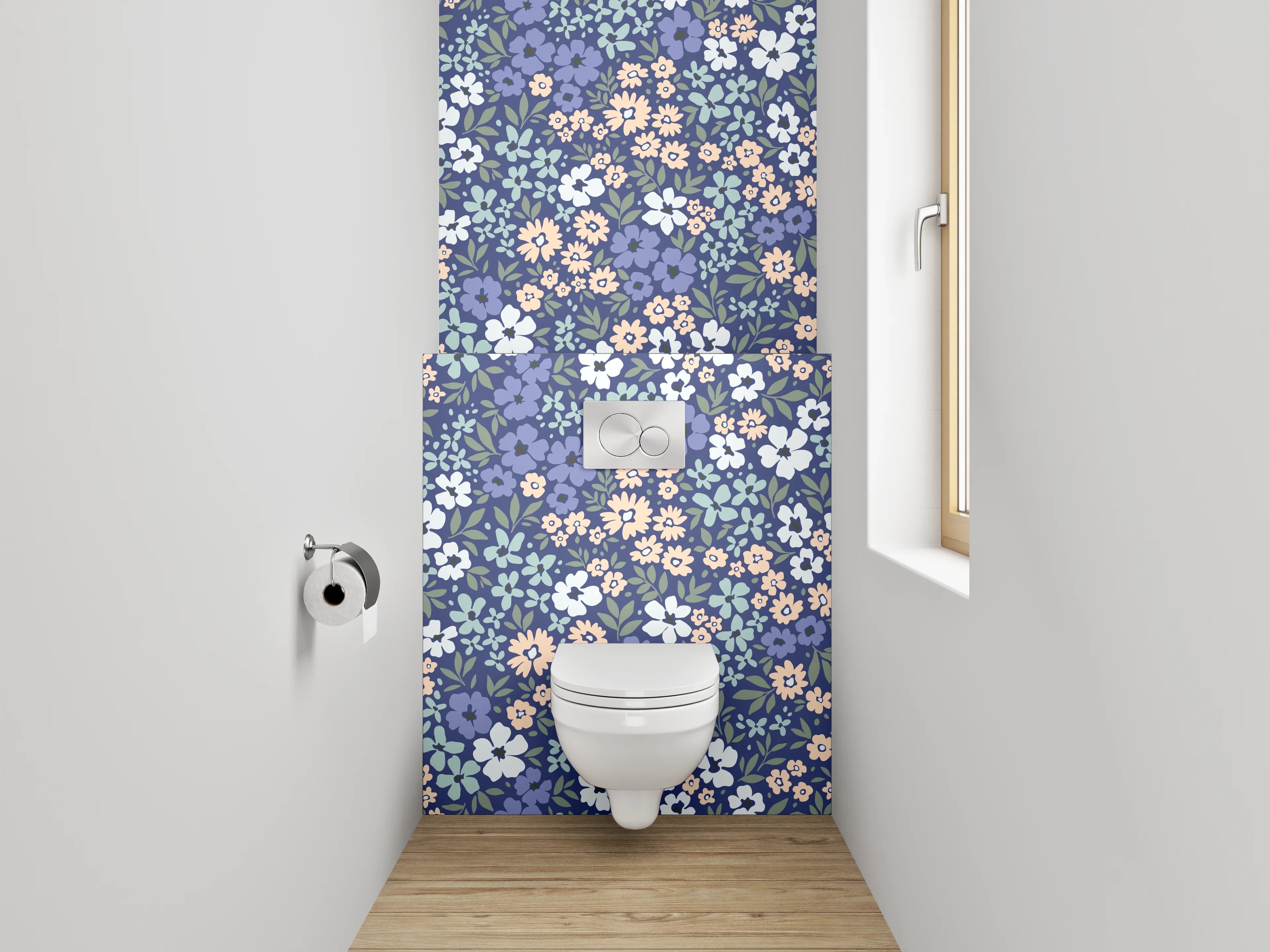WC-Rückwand - Blumiges Vintage-Blumenmuster Blau Rosa