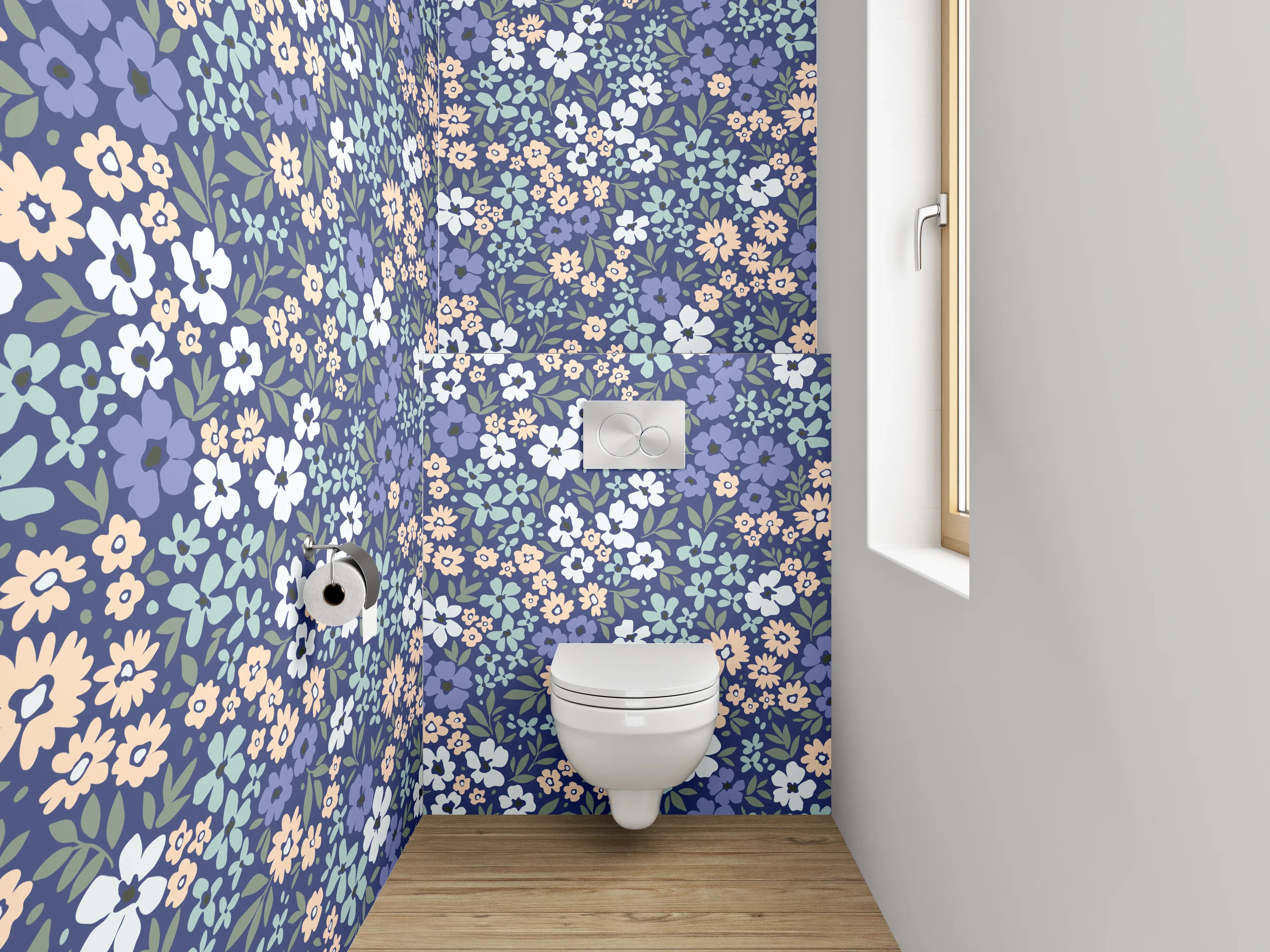 WC-Rückwand - Blumiges Vintage-Blumenmuster Blau Rosa