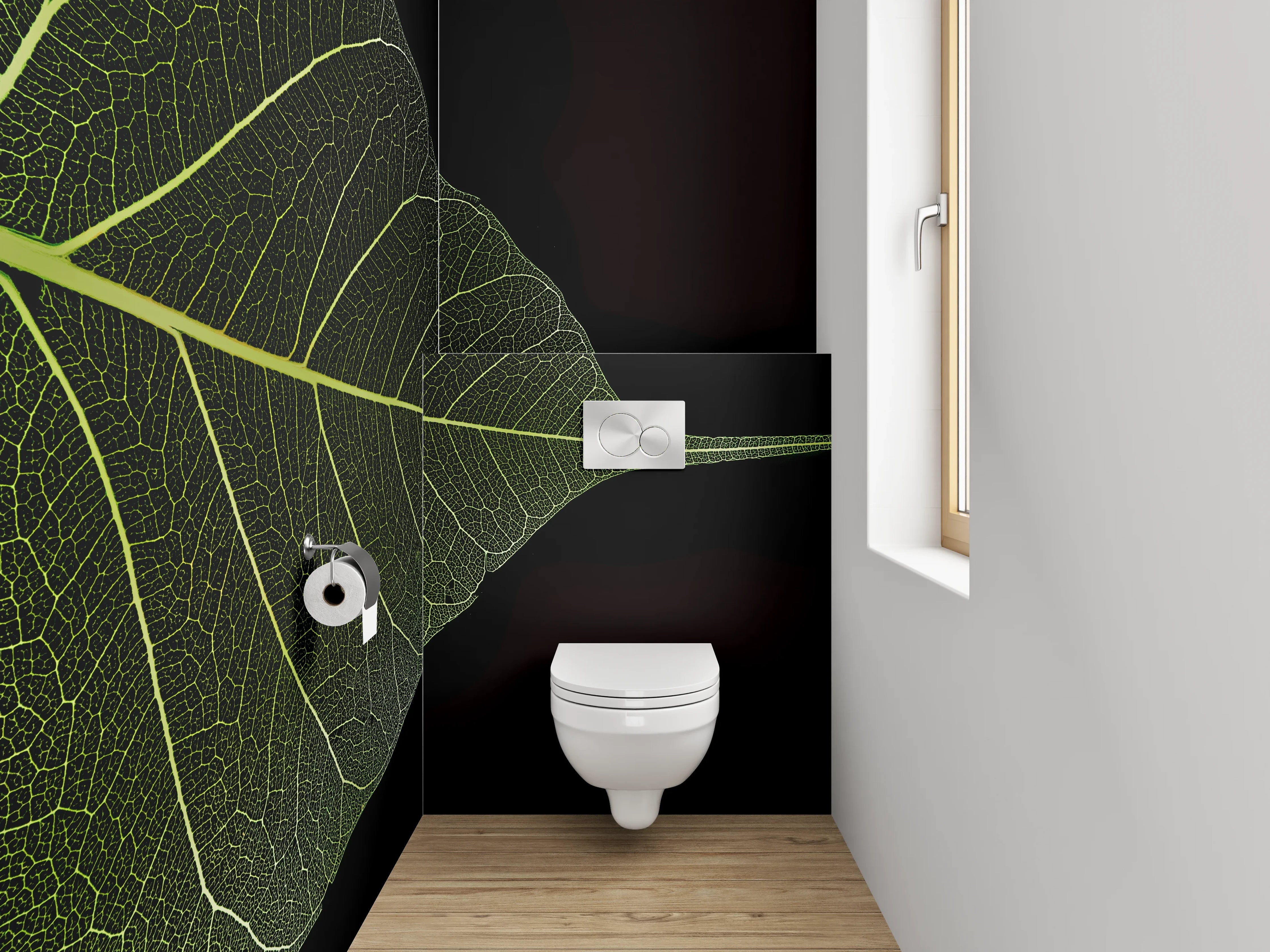 WC-Rückwand - Bodhi Blatt Skelett auf Schwarz