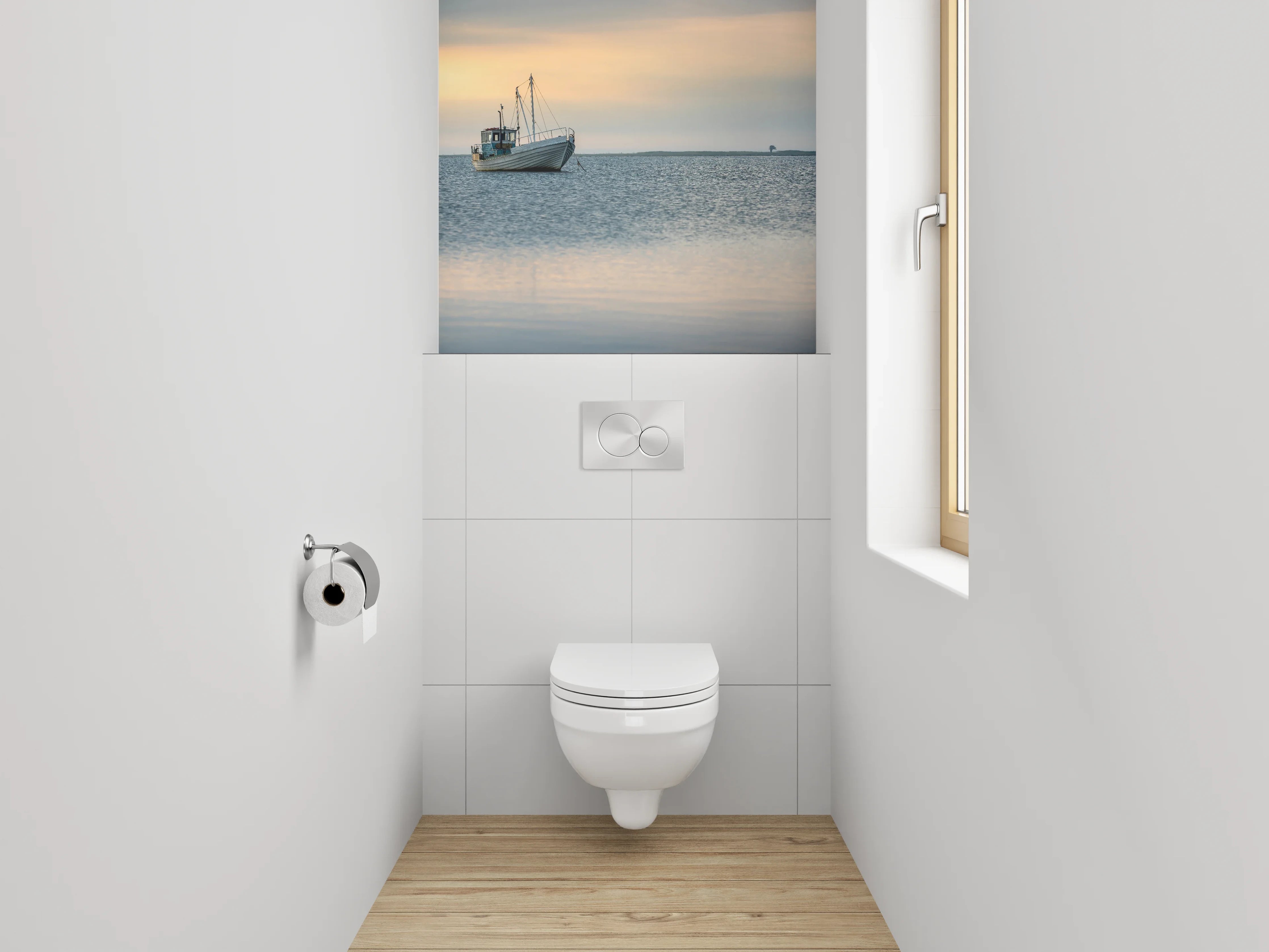 WC-Rückwand - Boot auf ruhigem See bei Sonnenuntergang