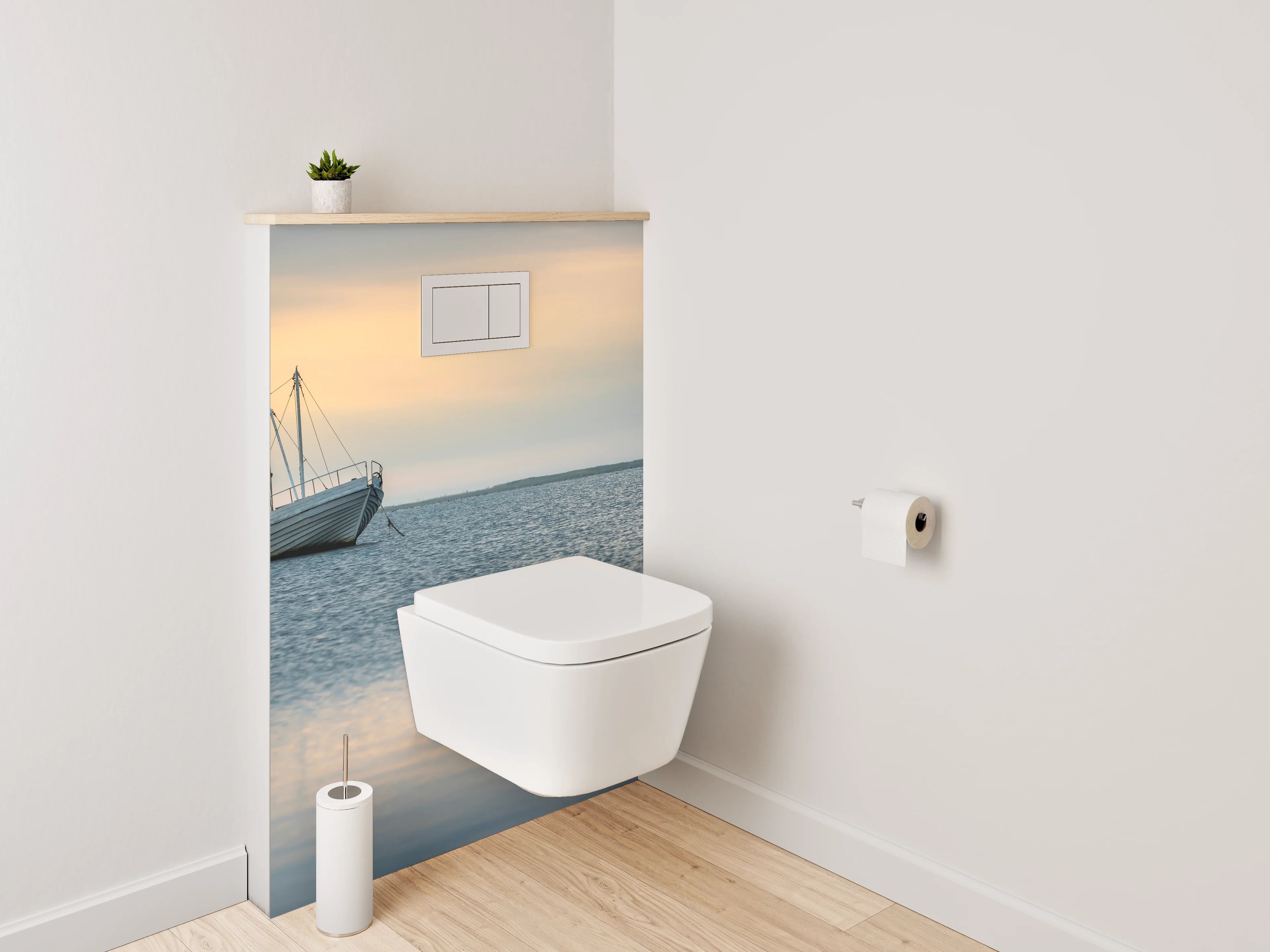 WC-Rückwand - Boot auf ruhigem See bei Sonnenuntergang