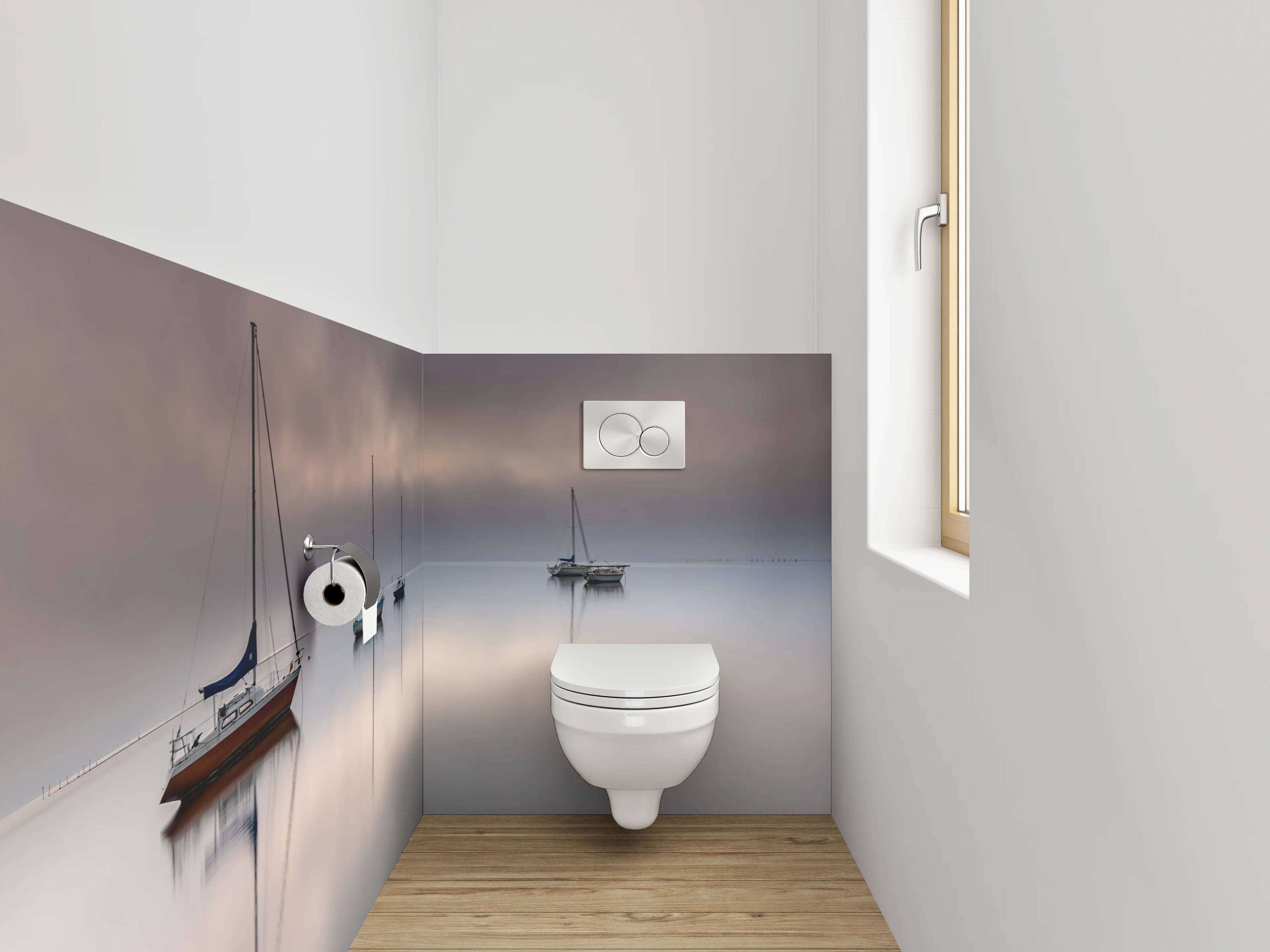 WC-Rückwand - Boote auf stillem Nebelsee