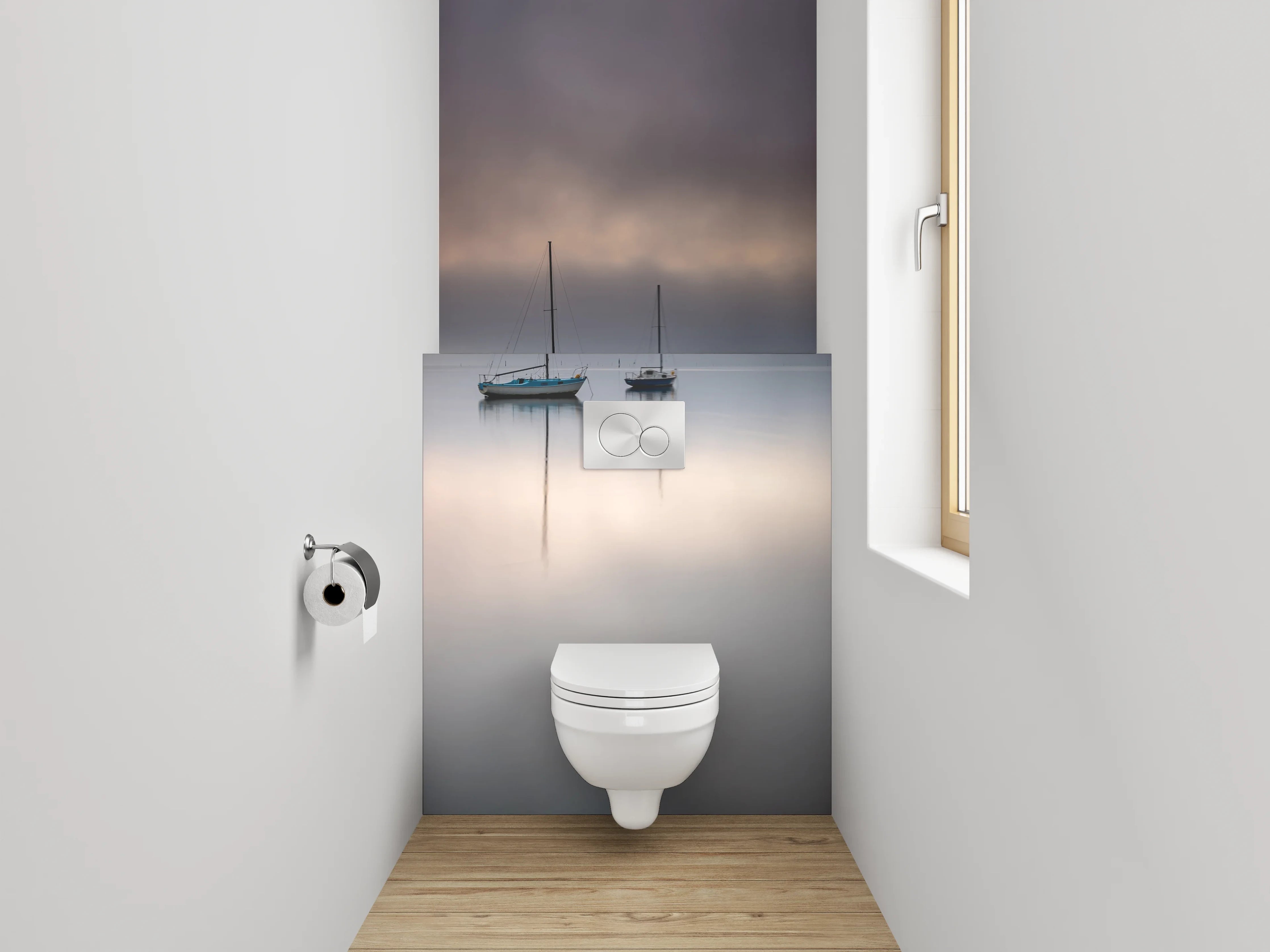 WC-Rückwand - Boote auf stillem Nebelsee