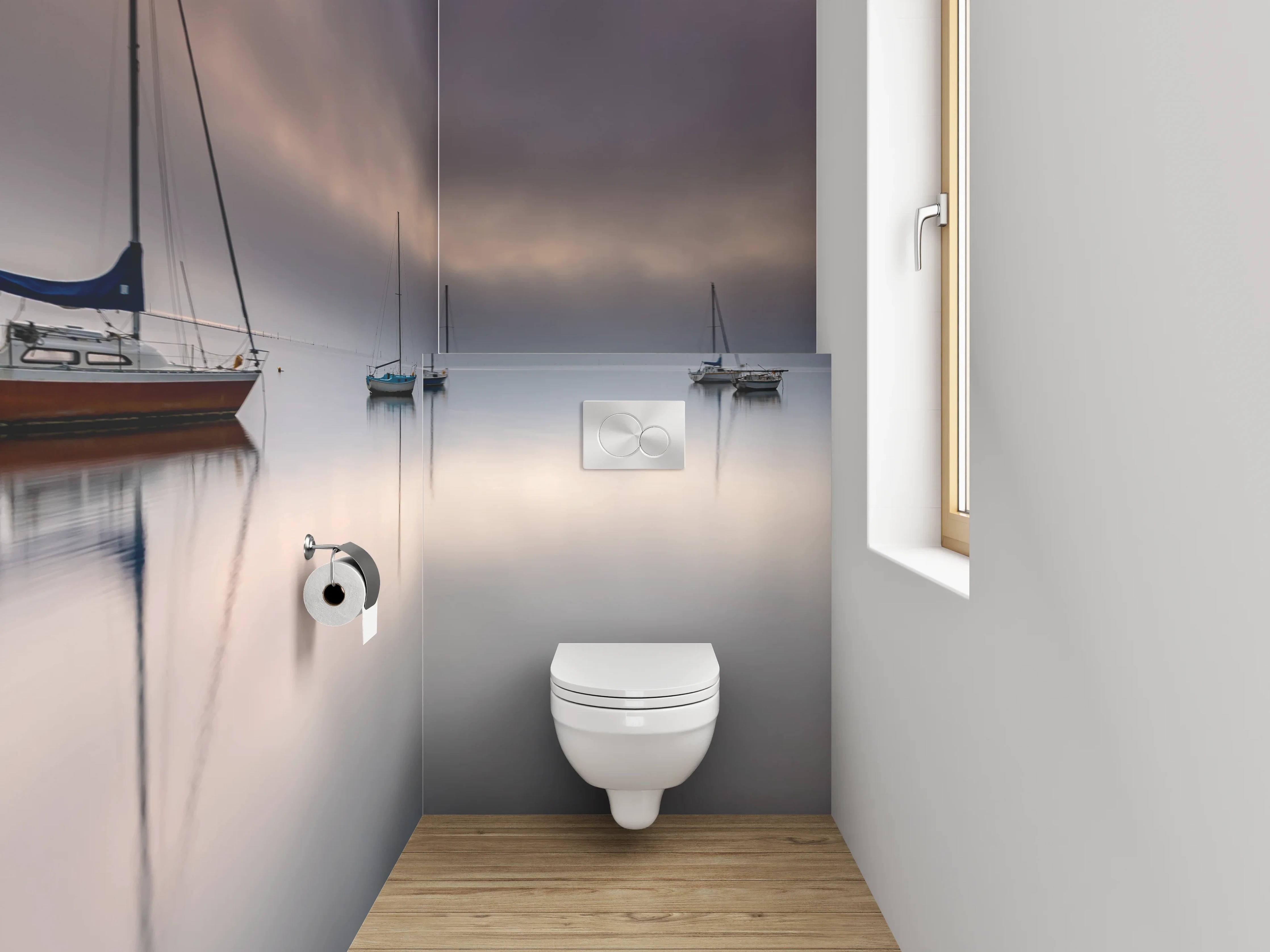 WC-Rückwand - Boote auf stillem Nebelsee