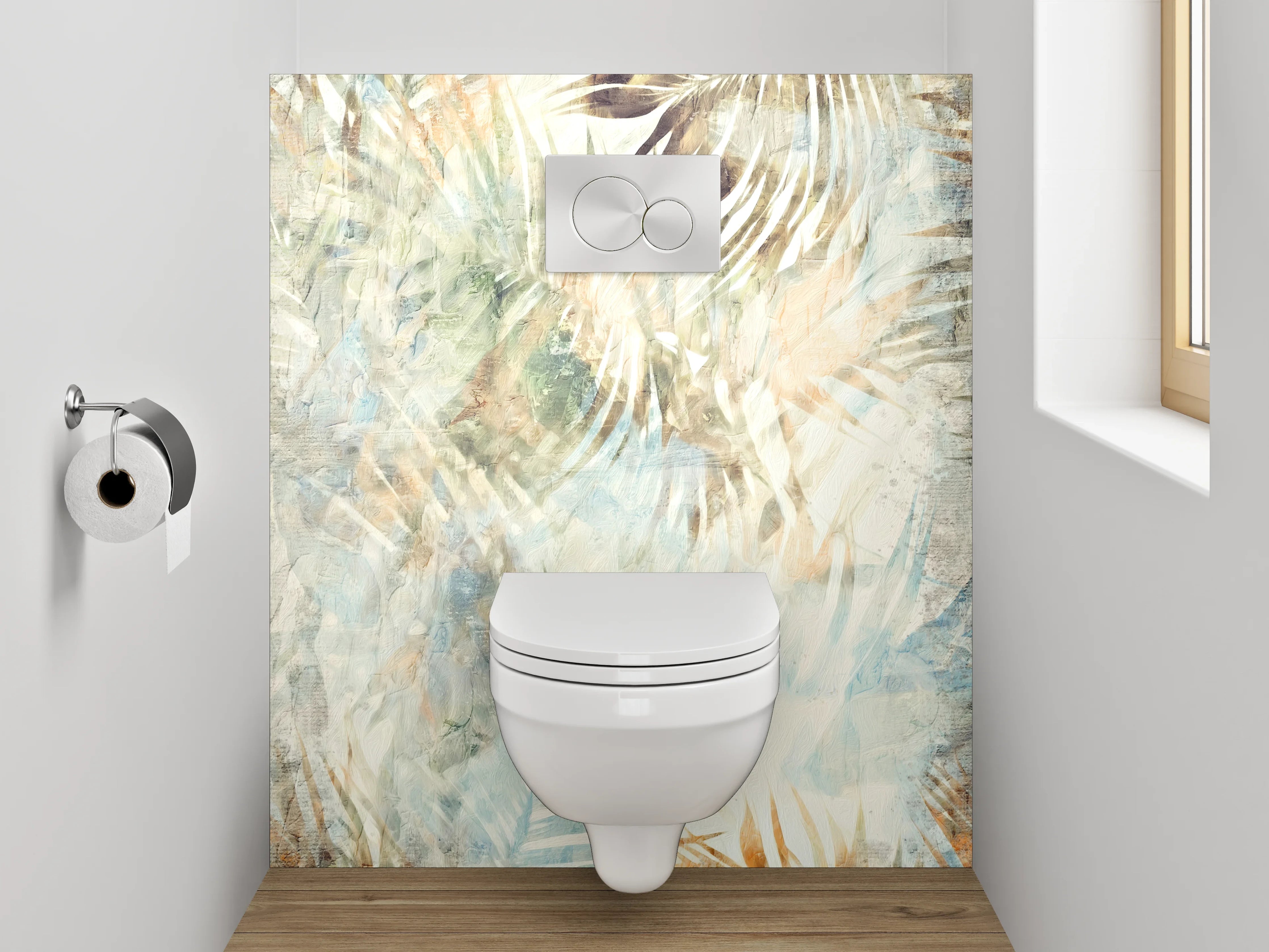 WC-Rückwand - Botanisches Aquarell Palmenmuster Beige Blau